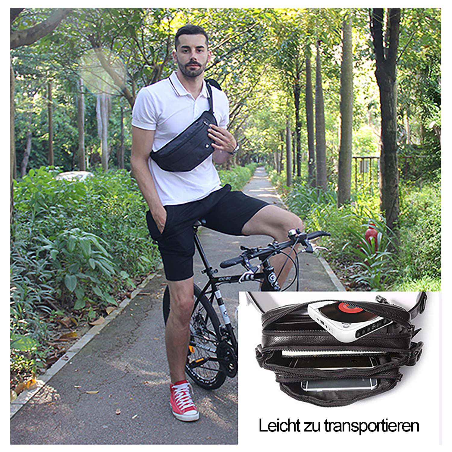 Mann mit schwarzer Bauchtasche auf Radweg, trägt weißes Polo, Shorts und rote Schuhe, Bäume im Hintergrund.