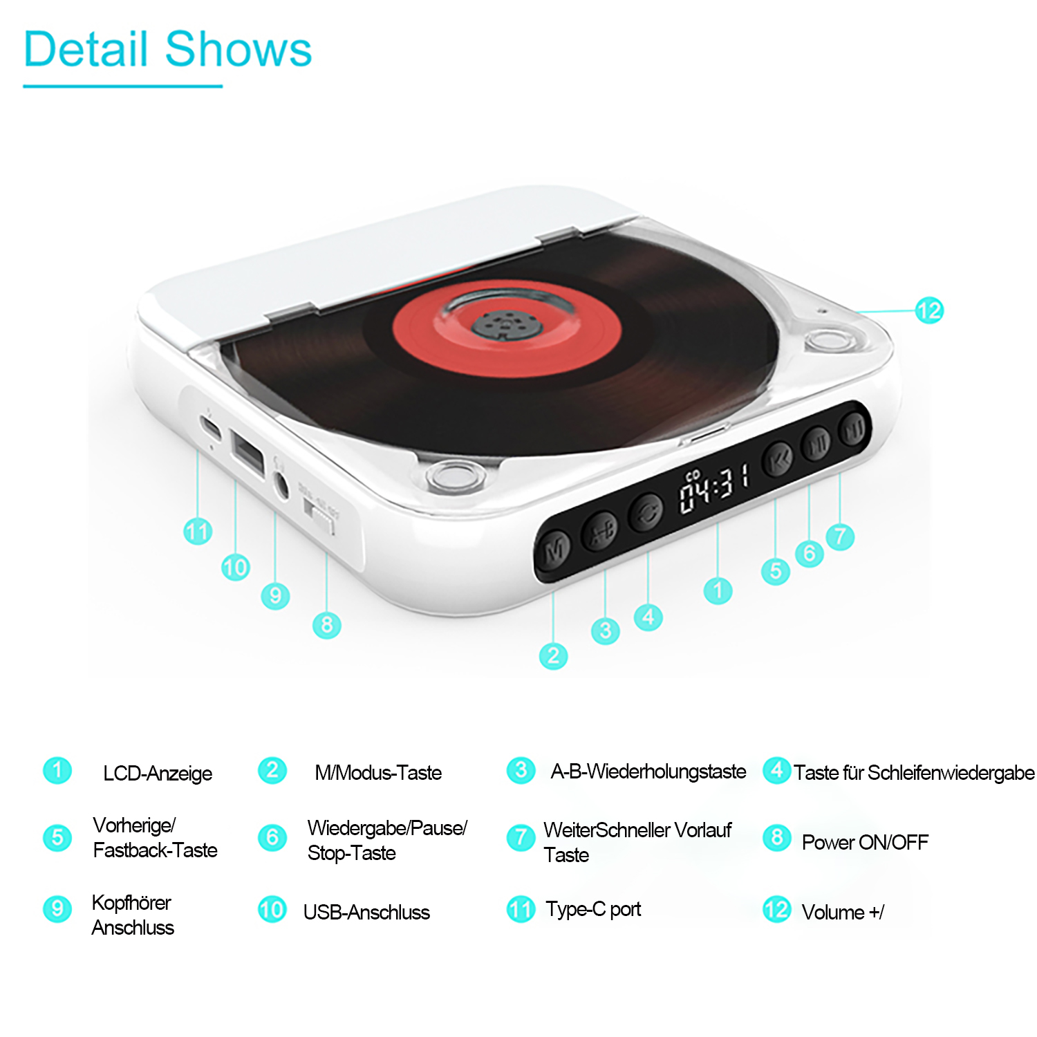 Weißer tragbarer CD-Player. Beschriftete Tasten oben. Zeigt eine CD im Inneren.