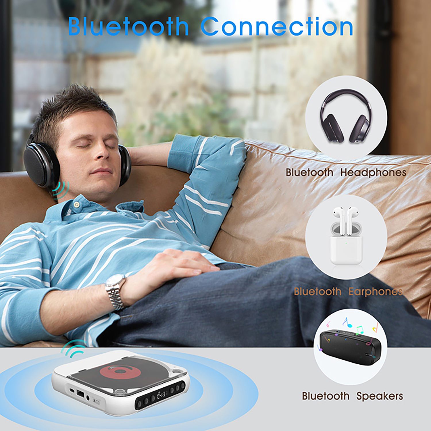 Ein Mann hört Musik mit Kopfhörern. Bluetooth-Verbindungs-Symbole und verschiedene Geräte sind vorhanden.