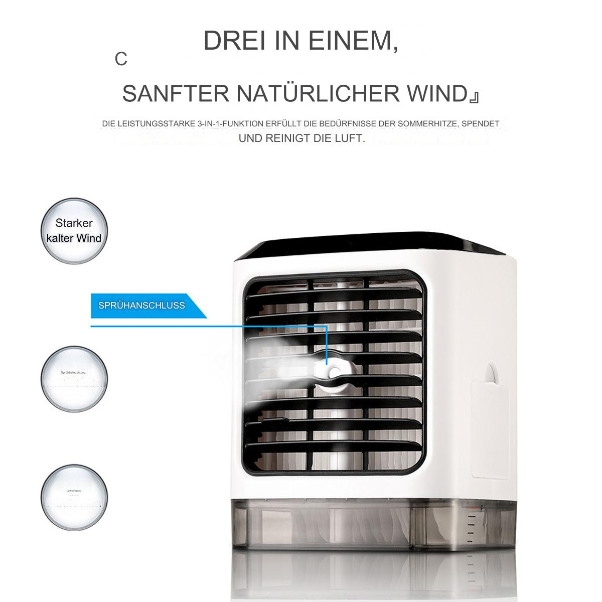 Weißer Luftkühler mit schwarzem Deckel. Er hat eine Sprühdüse. Text auf Deutsch. Zeigt Luft- und Nebeleffekt.