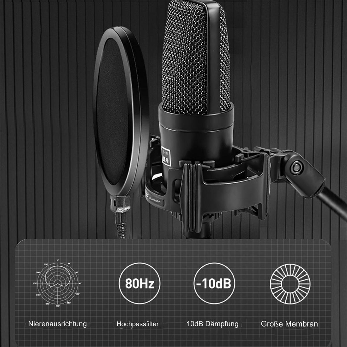 Ein schwarzes Mikrofon mit Pop-Filter und einer Grafik mit technischen Daten.