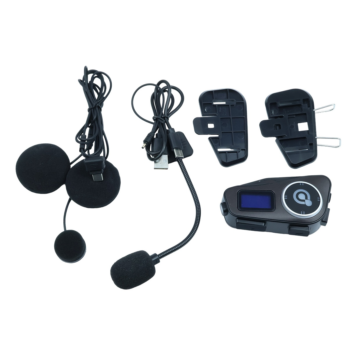 Komponenten des Motorradhelm-Kommunikationssystems. Beinhaltet Lautsprecher, Mikrofon und Controller.