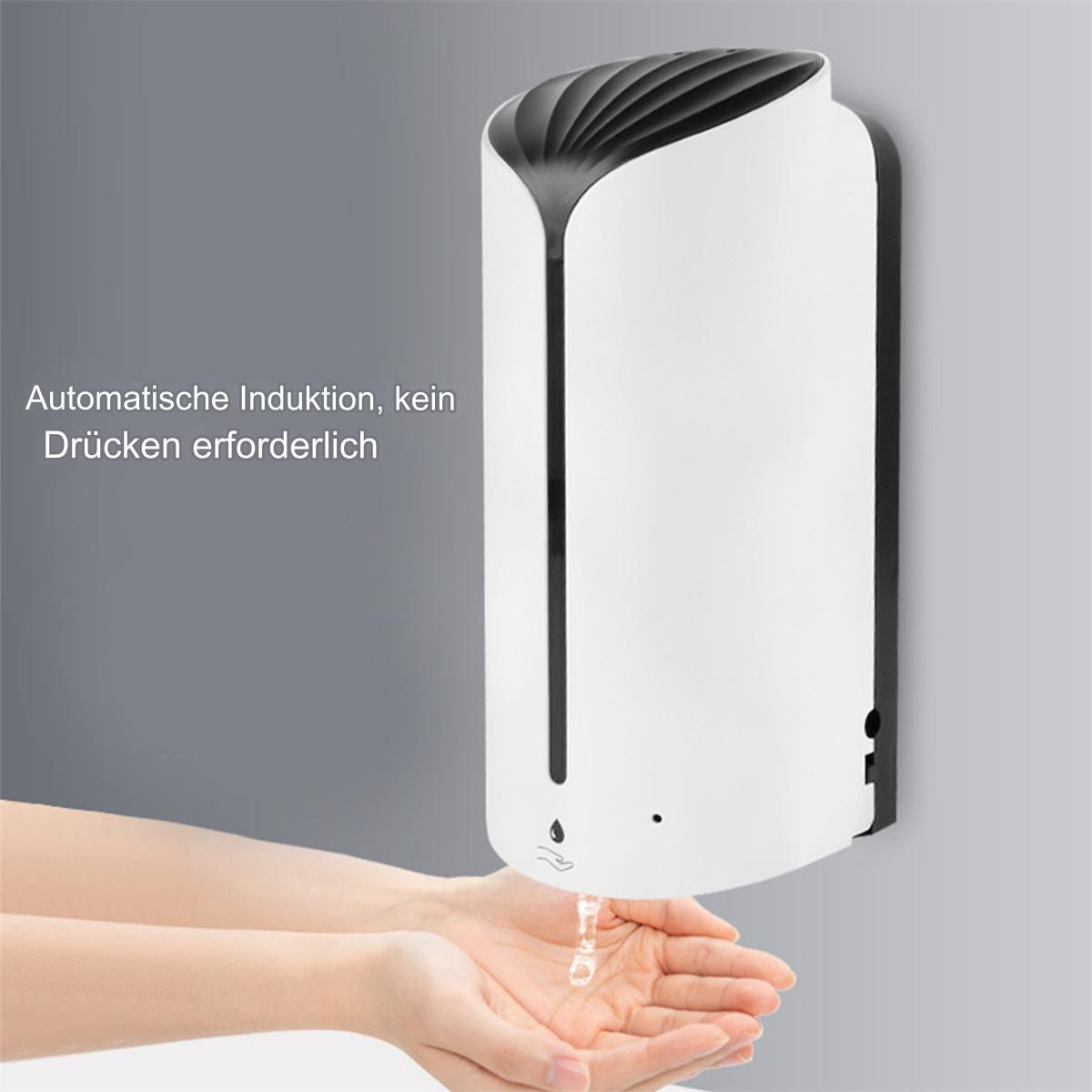 Weißer automatischer Händedesinfektionsmittelspender an einer grauen Wand. Text darüber.