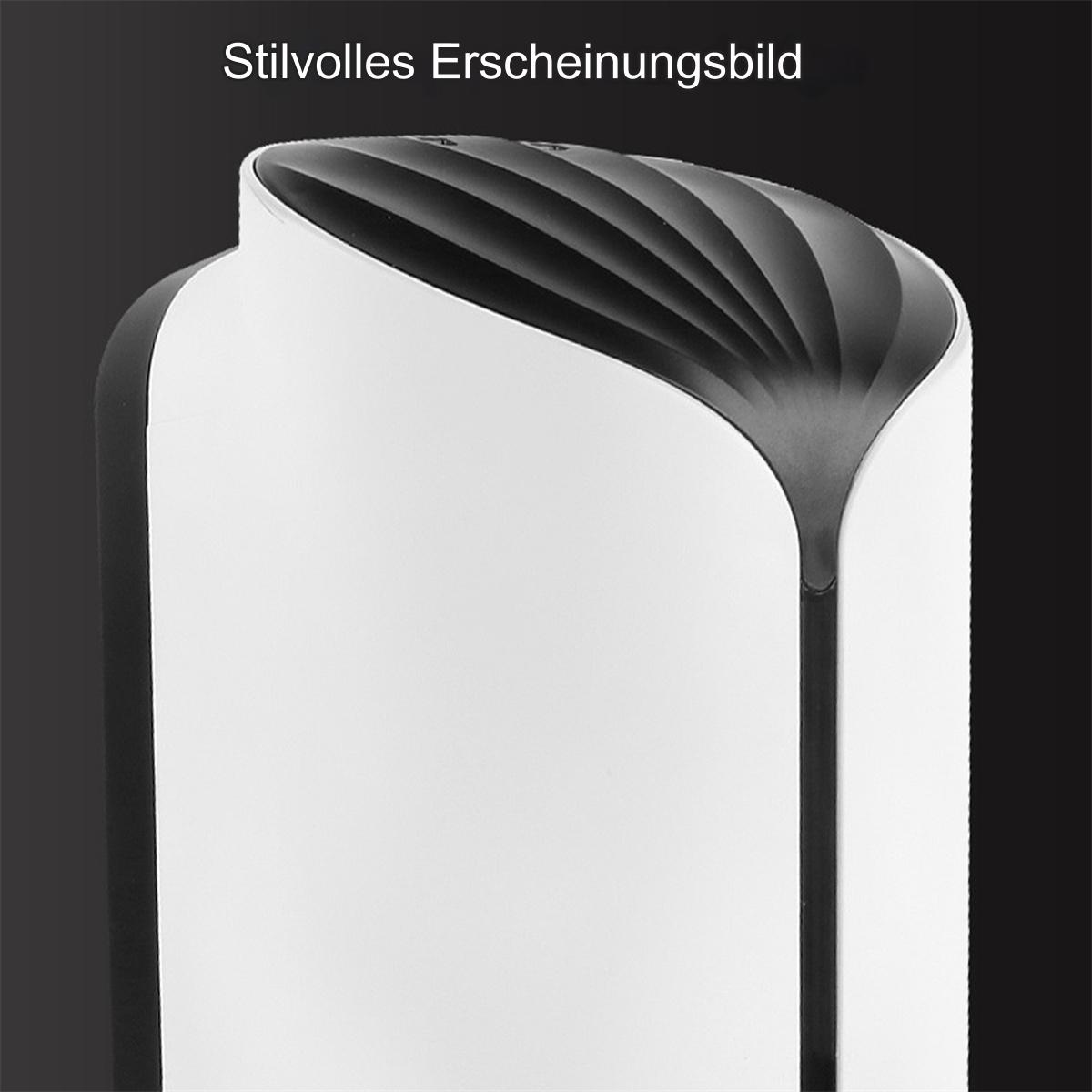 Ein weiß-schwarzer Luftreiniger mit stilvollem Erscheinungsbild. Text: 'Stilvolles Erscheinungsbild'.