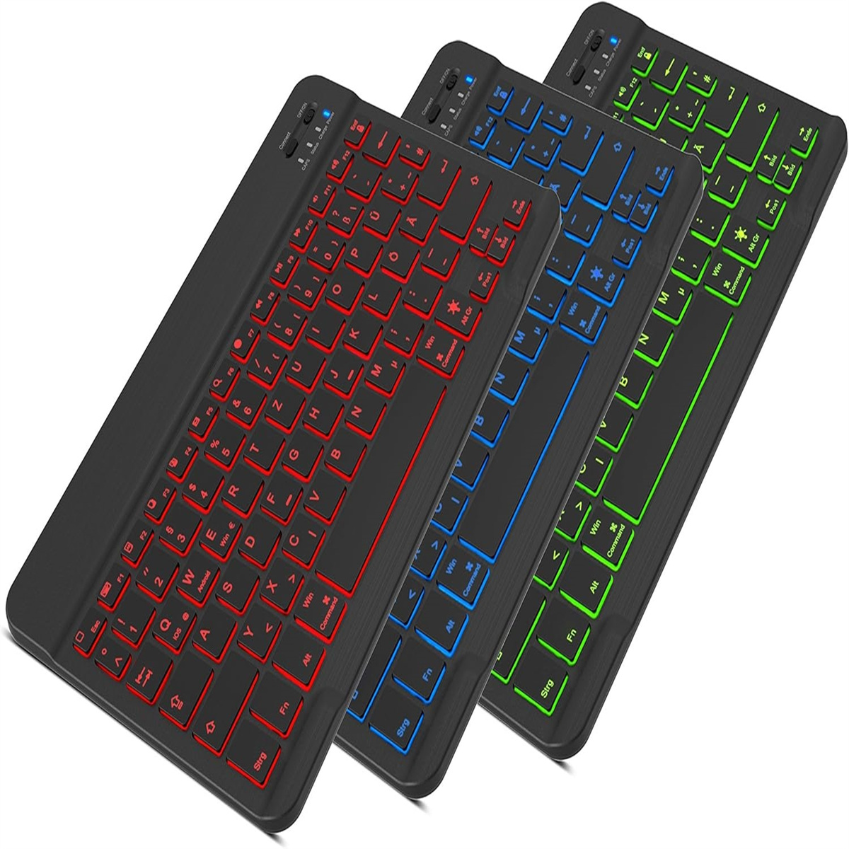 Drei schwarze Tastaturen mit LED-Beleuchtung: eine rote, eine blaue und eine grüne, mit schwarzen Tasten und Rahmen.