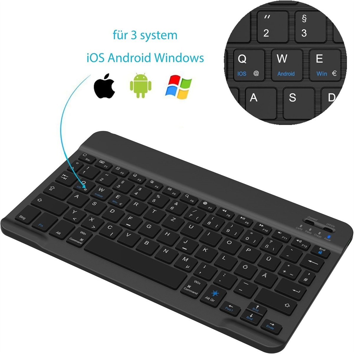 Eine schwarze Tastatur für iOS, Android und Windows, mit Nahaufnahme der Tastenbeschriftung.