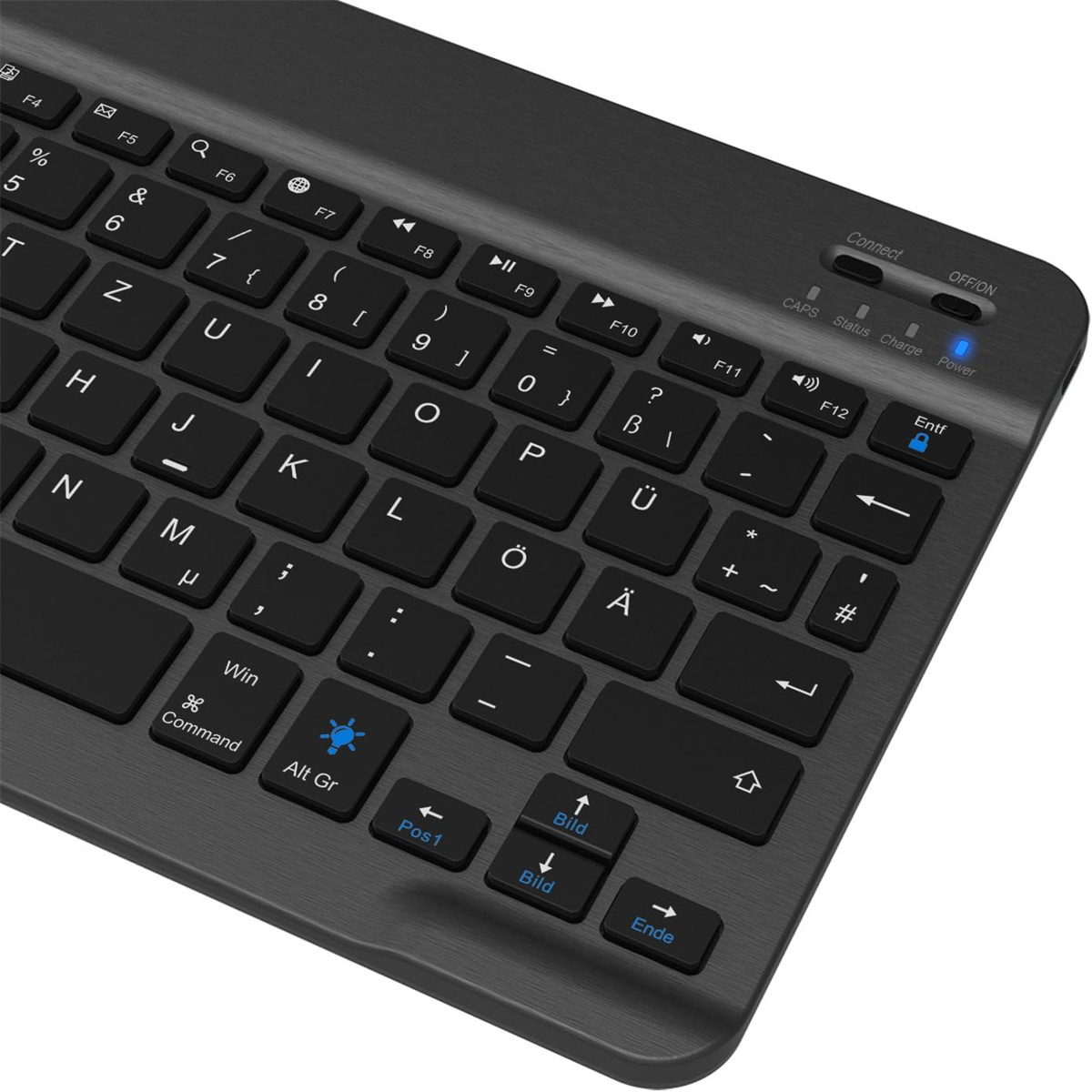 Schwarze drahtlose Tastatur mit Tasten und Kontrollleuchten.
