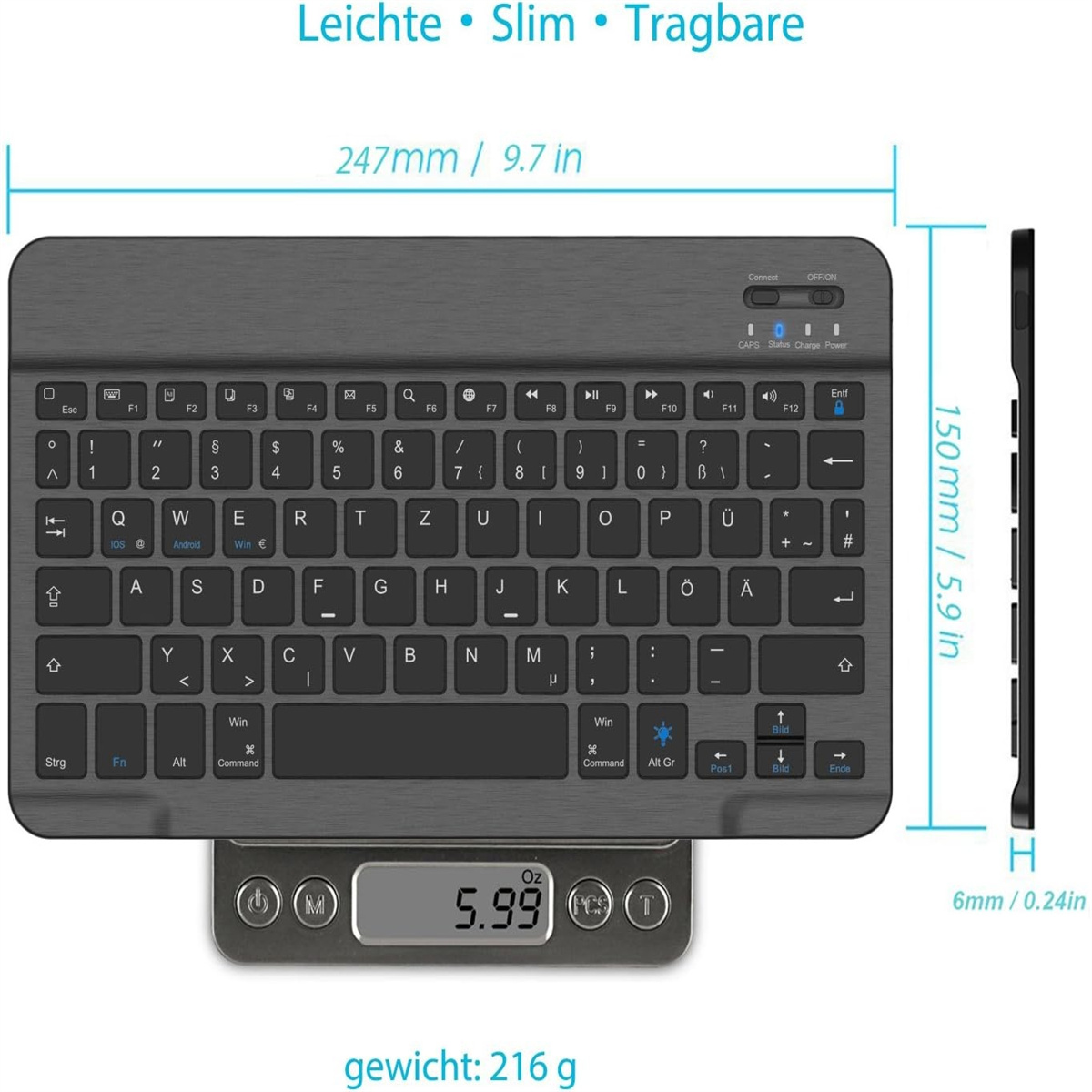 Eine schlanke, silberne Tastatur mit schwarzem Rahmen, Maße in metrischen und Zoll-Einheiten angezeigt.