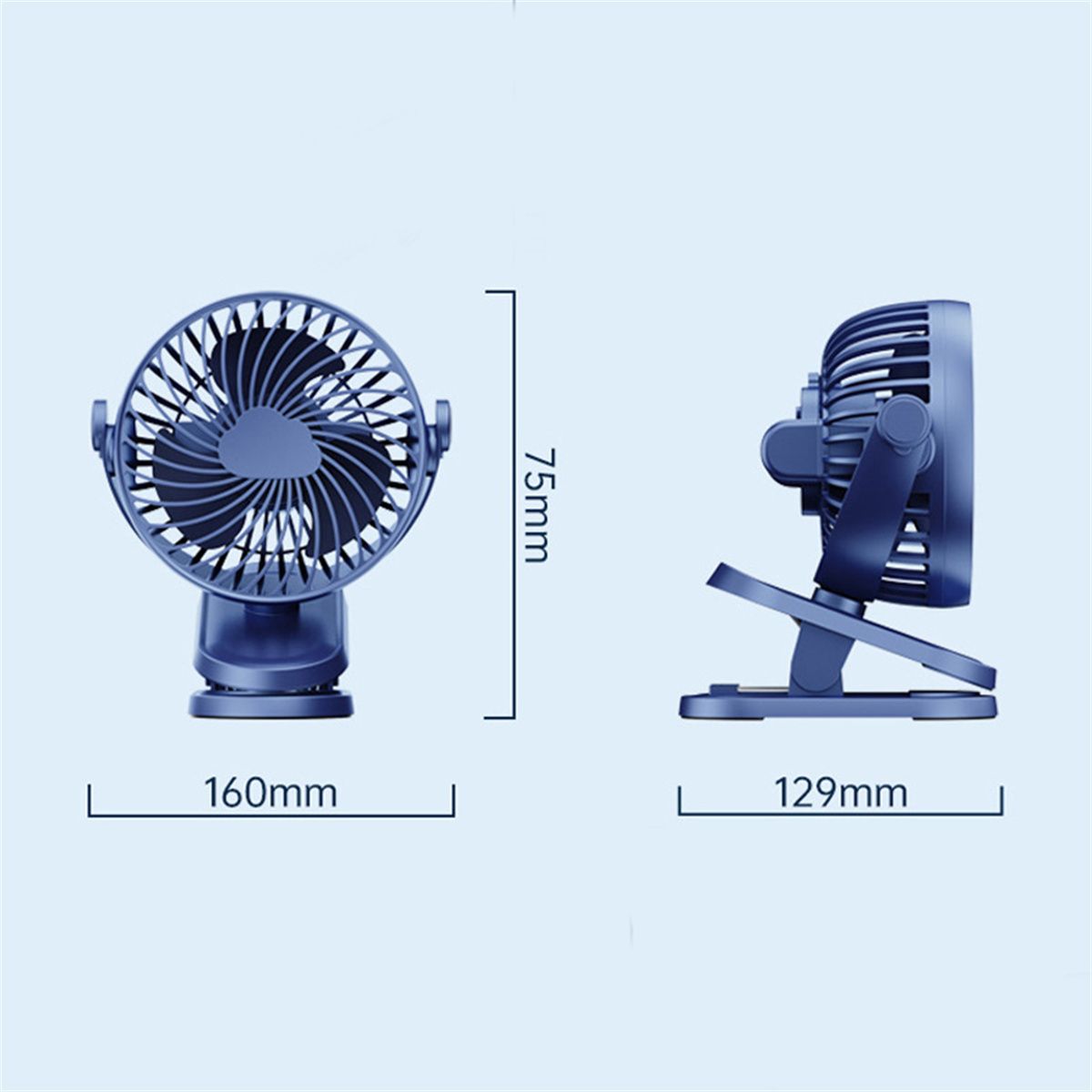 Blauer tragbarer Ventilator mit Abmessungen: 160 mm breit, 129 mm tief und 75 mm hoch.