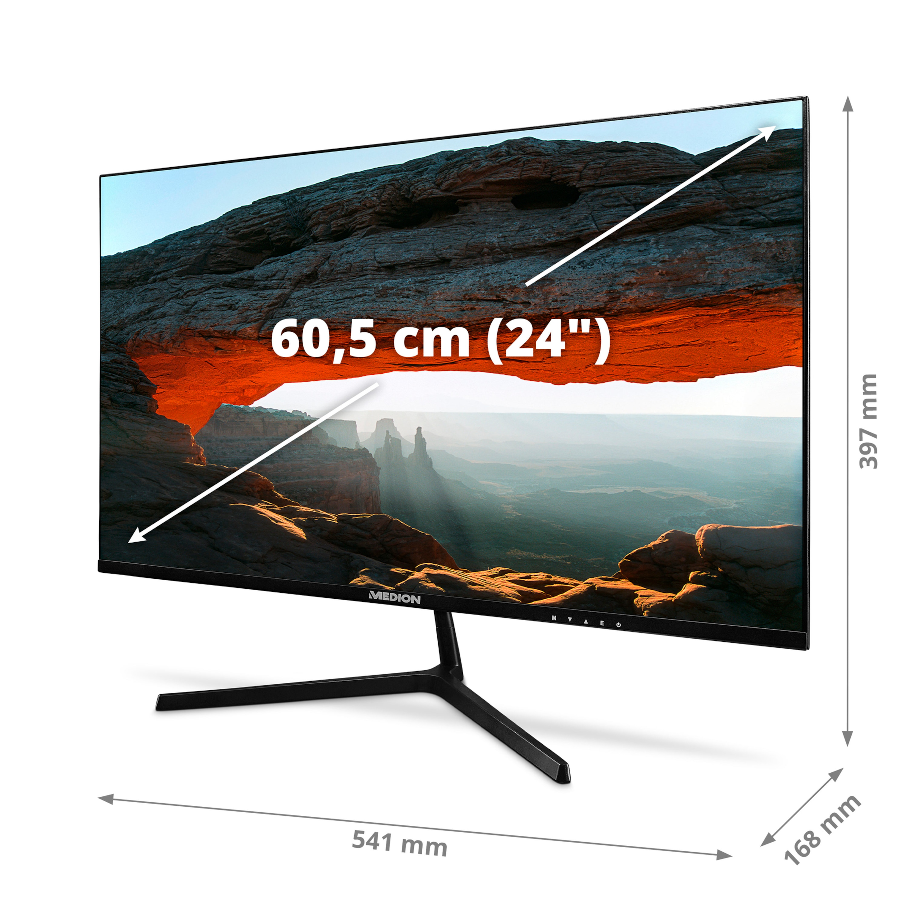 Monitor komputera z obrazem krajobrazu. Wymiary i pomiary są oznaczone na ekranie.