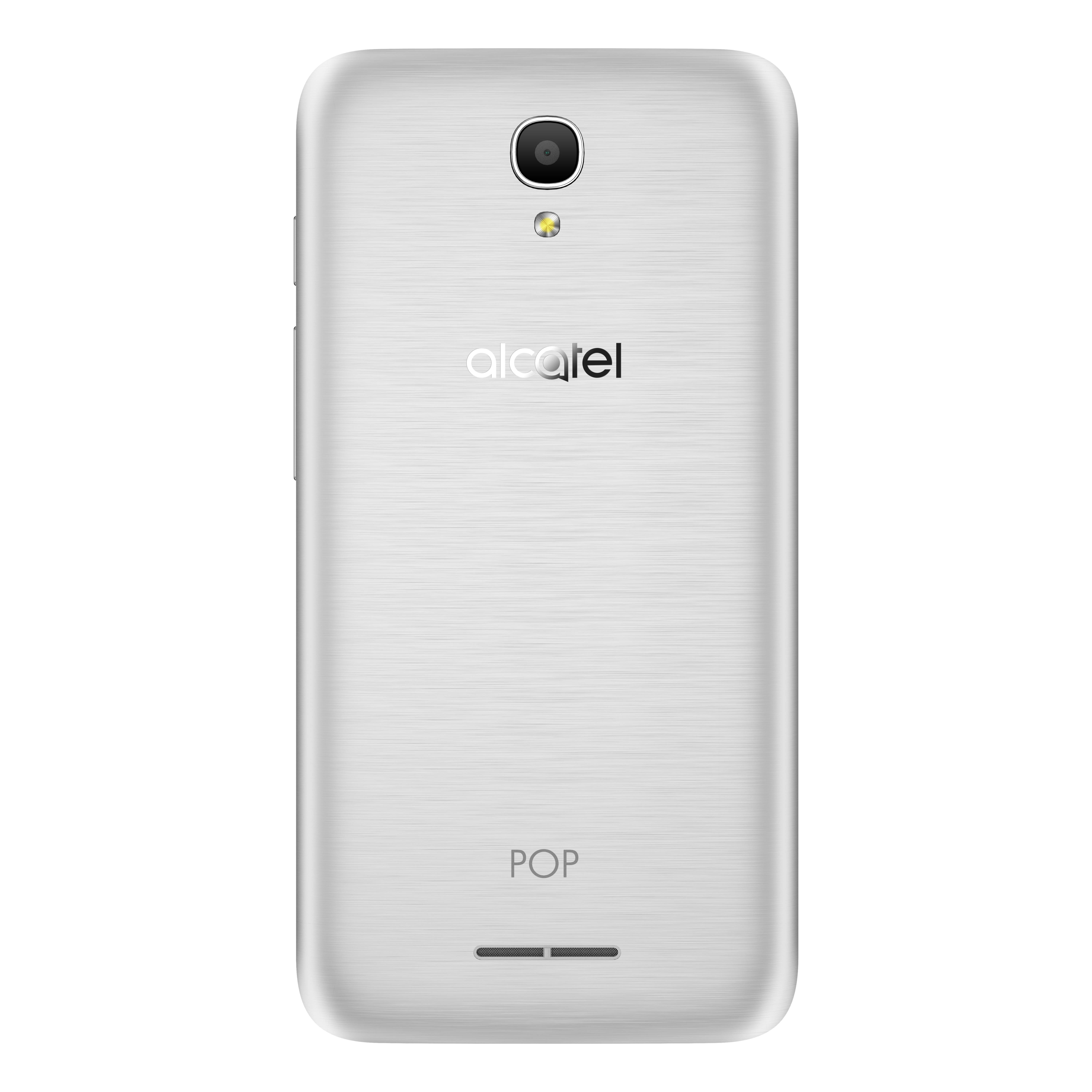 Smartphone Alcatel argentato, vista posteriore, con fotocamera e logo Alcatel.