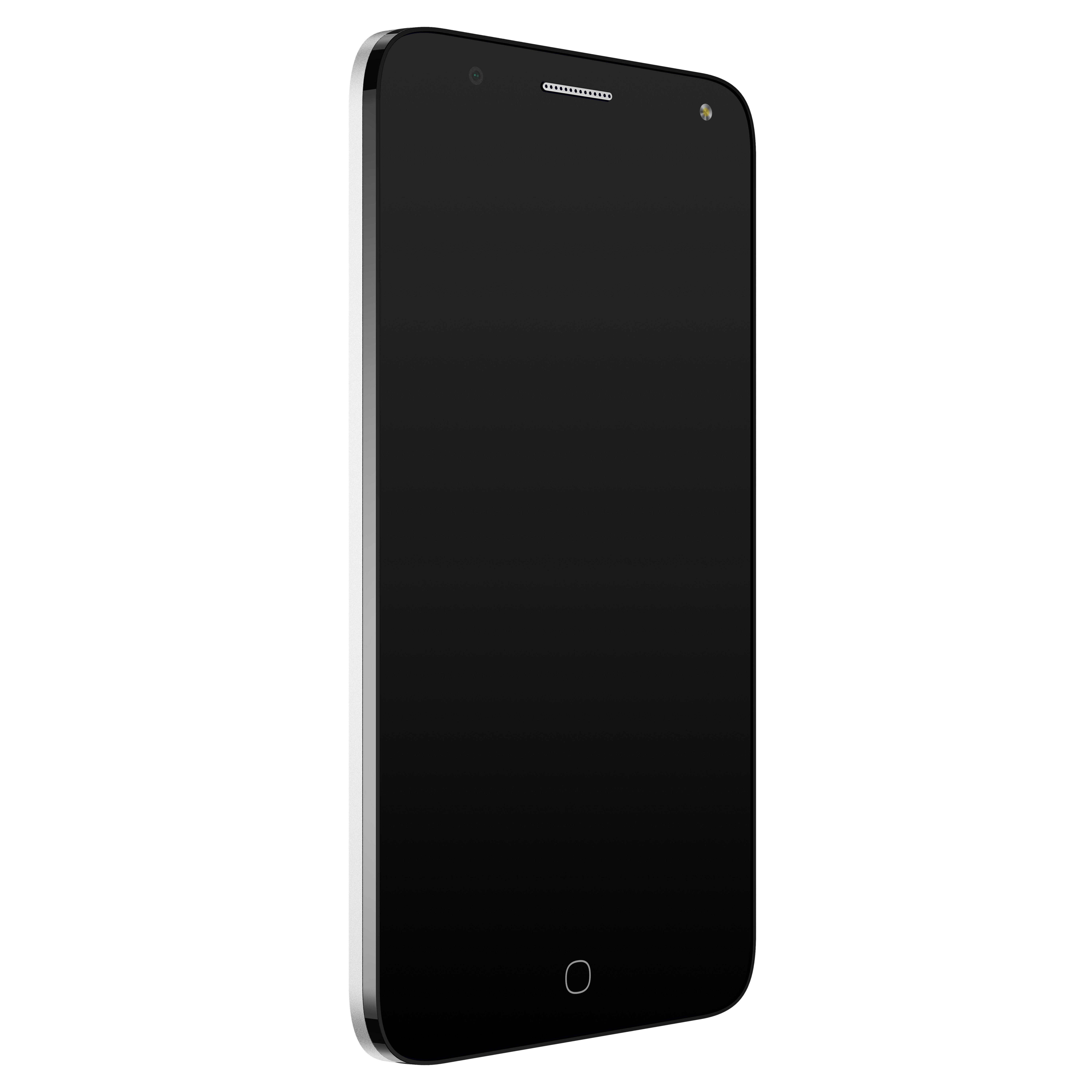 Smartphone nero con ampio schermo nero e pulsante rotondo in basso.