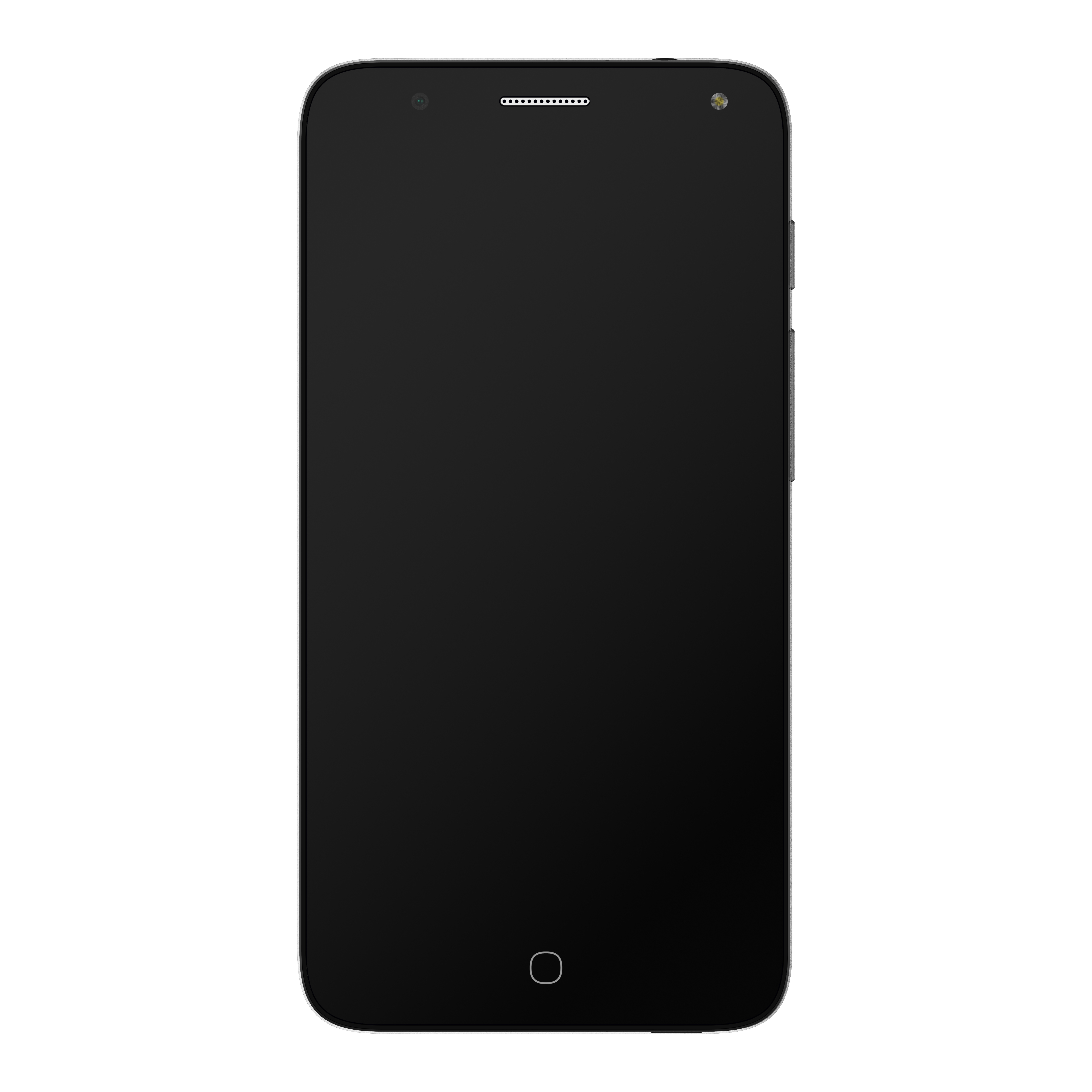 Smartphone nero, vista frontale, con schermo nero e pulsante circolare in basso.