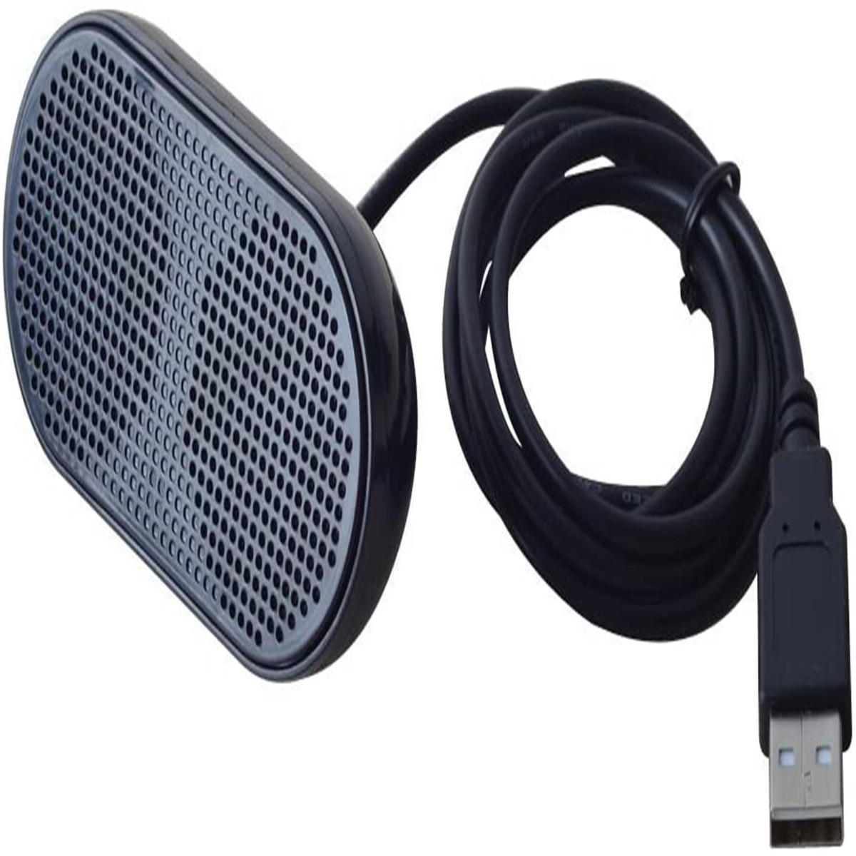 Schwarzer, ovaler Lautsprecher mit USB-Kabel. Der Lautsprecher hat viele kleine Löcher auf der Oberfläche.