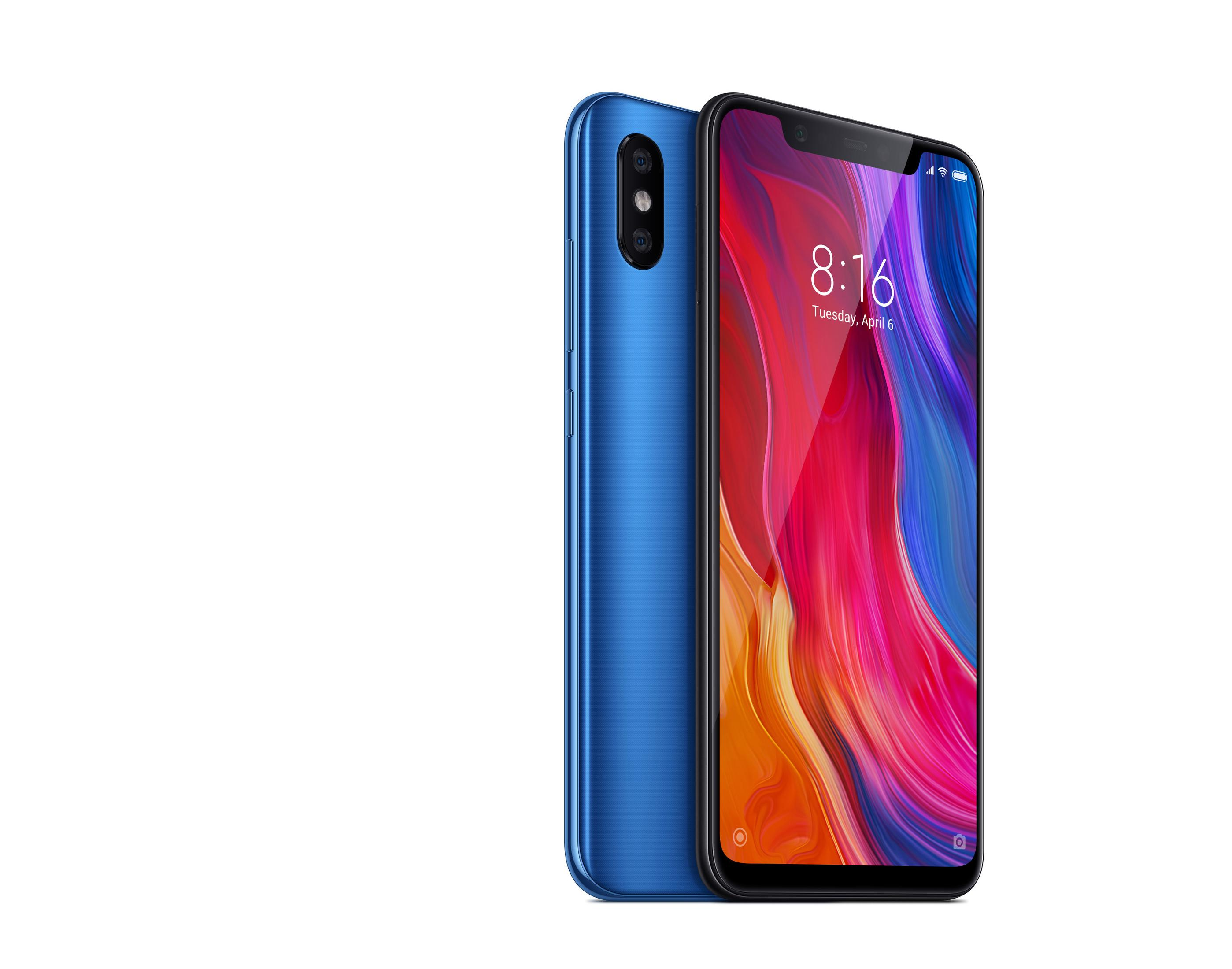 Blaues und schwarzes Telefon. Der Bildschirm zeigt eine App mit buntem Hintergrund.