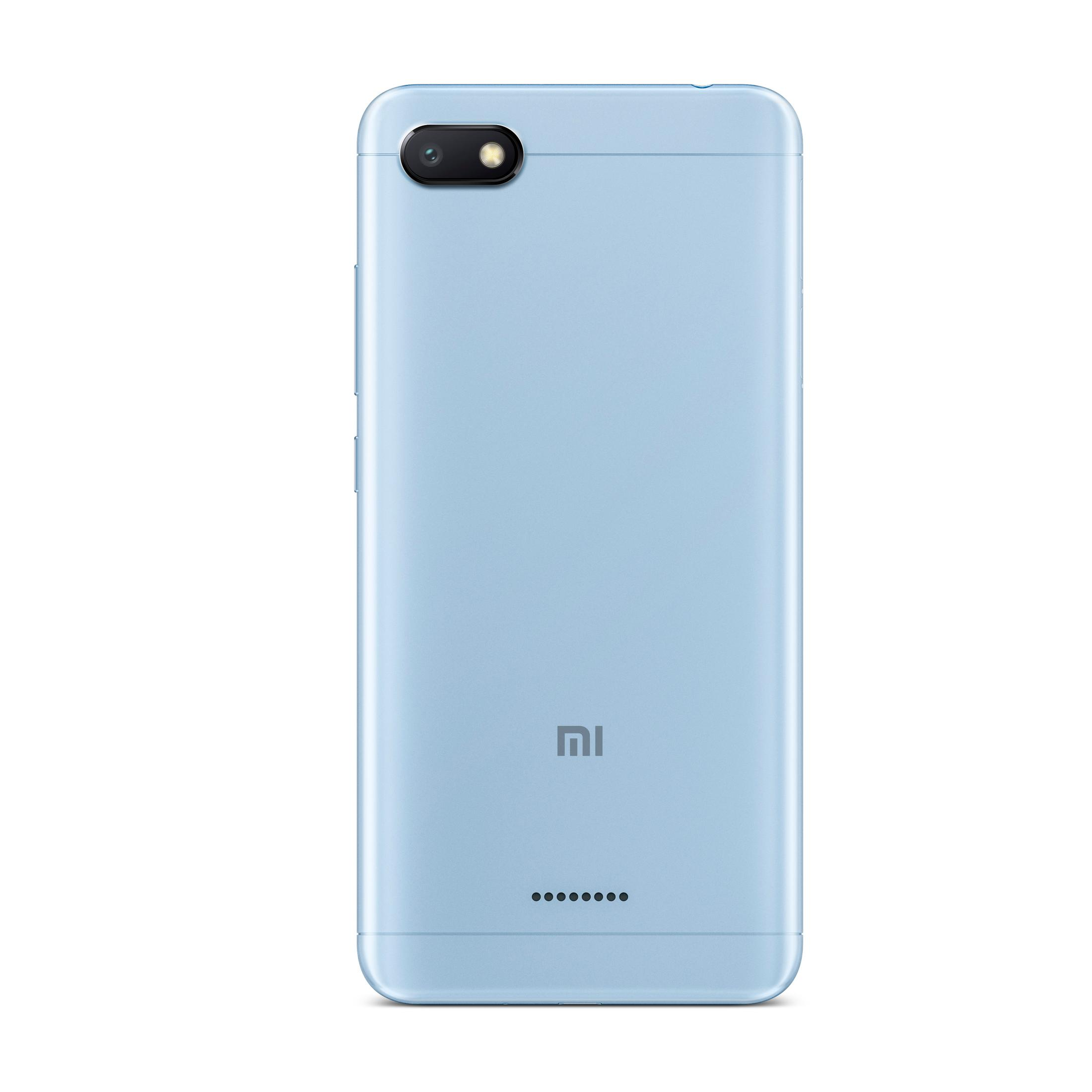 Hellblaues Telefon, Rückansicht, mit Kamera und Markenlogo. Das Telefon hat eine einzelne Kamera und einen Lautsprecher.