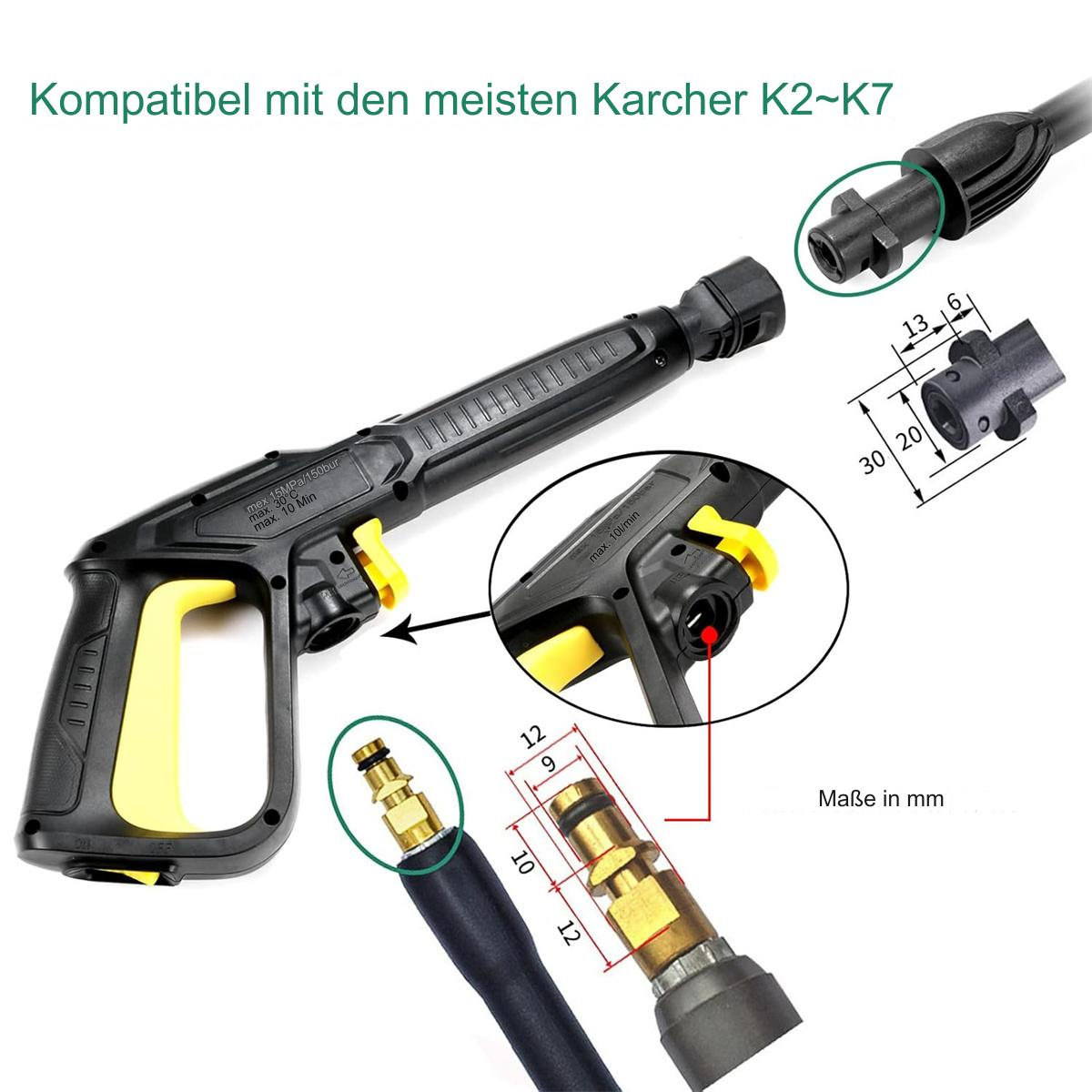 Eine schwarz-gelbe Hochdruckreinigerpistole mit mehreren Aufsätzen und Maßangaben.