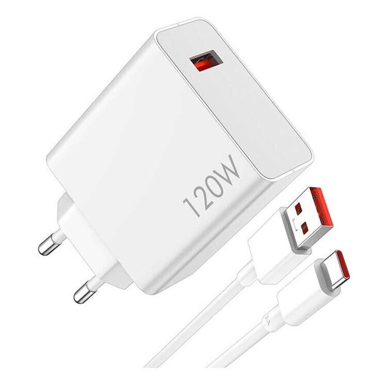 Caricatore bianco da 120W con porta USB-A e cavo USB-C bianco.