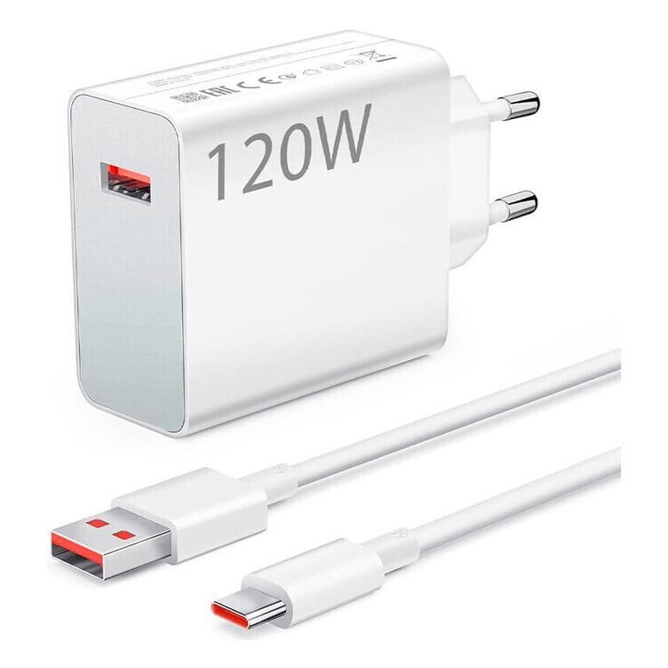 Un caricatore bianco da 120W con una porta USB-A e un cavo USB-C collegato.