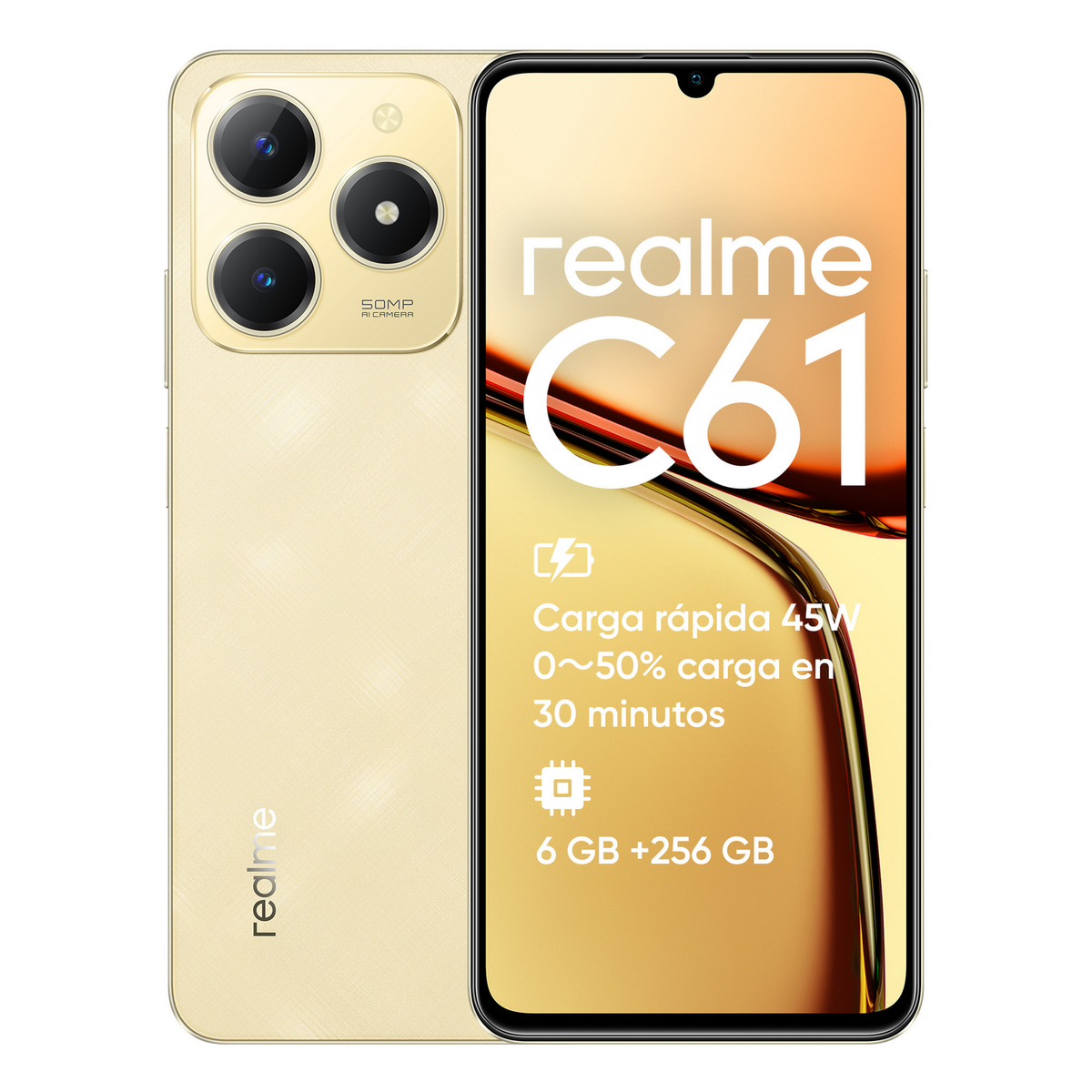 REALME C61, Sparkle Gold, Móvil Android, 256 GB, 6 GB RAM, 6,74