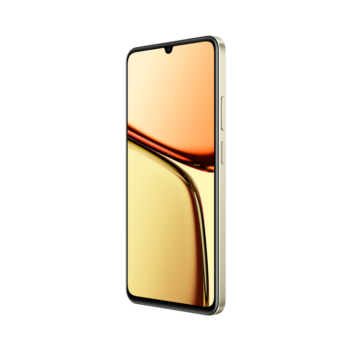 Smartphone dorato, leggermente inclinato, con display colorato su sfondo nero.