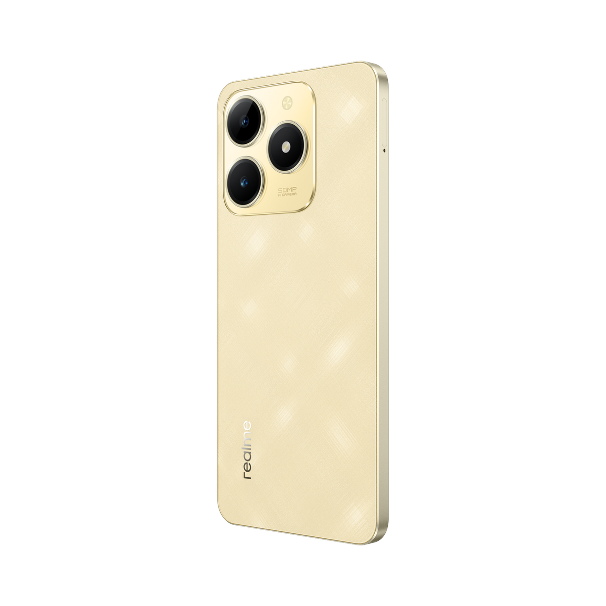 Telefono dorato con protuberanza della fotocamera. Ha tre fotocamere e il logo realme sul retro.