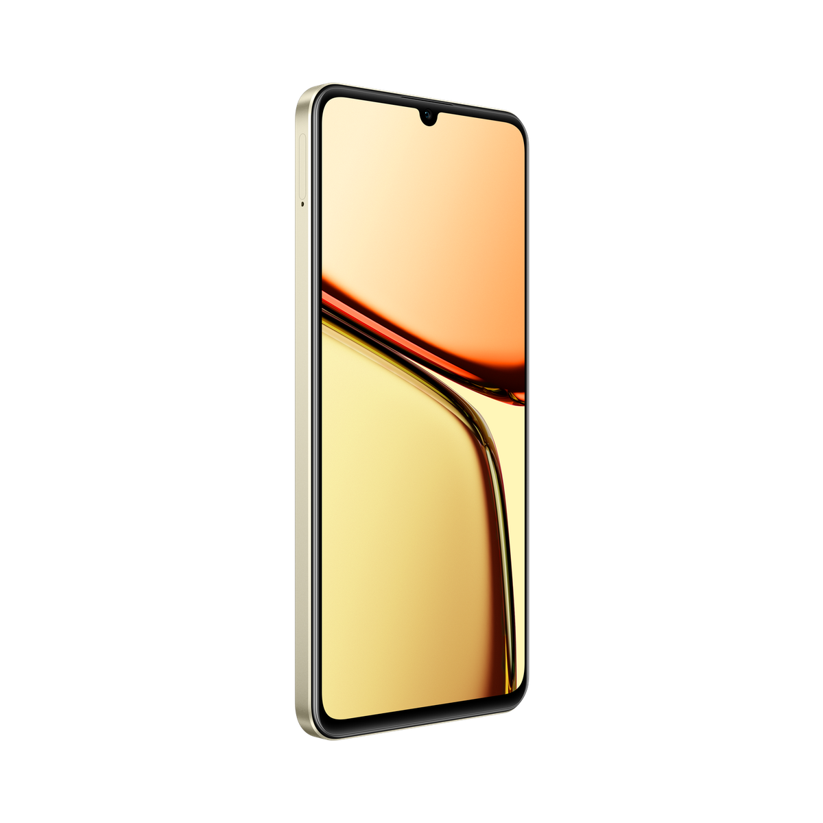 Uno smartphone dorato con schermo curvo è mostrato su sfondo nero.