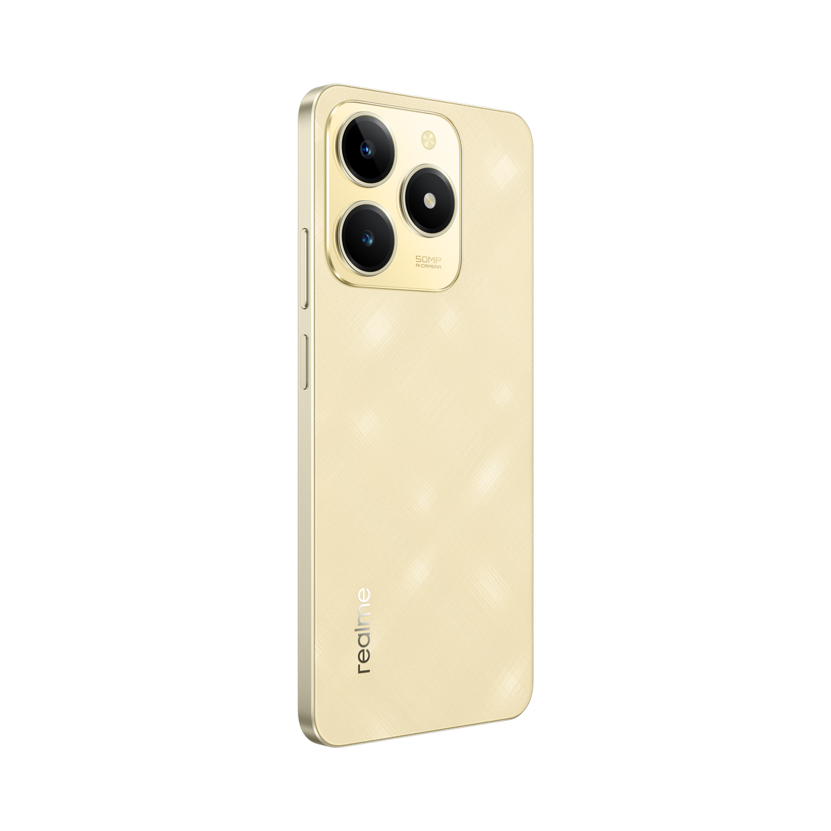 Smartphone dorato con tre fotocamere posteriori. Retro dorato con logo Realme.