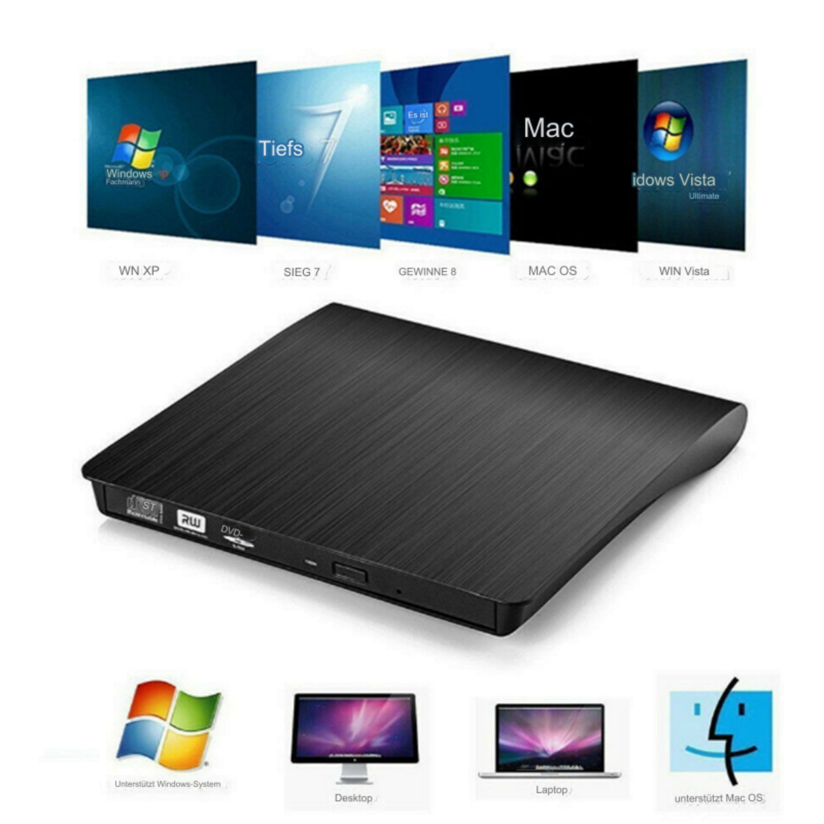Ein schwarzes externes DVD-Laufwerk neben Betriebssystemsymbolen, darunter Windows und Mac OS.