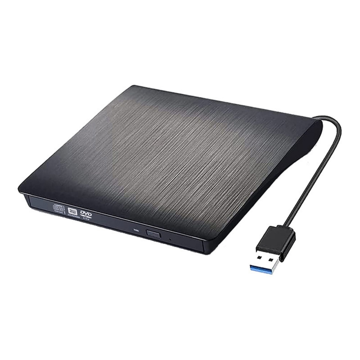 Schwarzes tragbares DVD-Laufwerk mit USB-Kabel, auf weißem Grund.