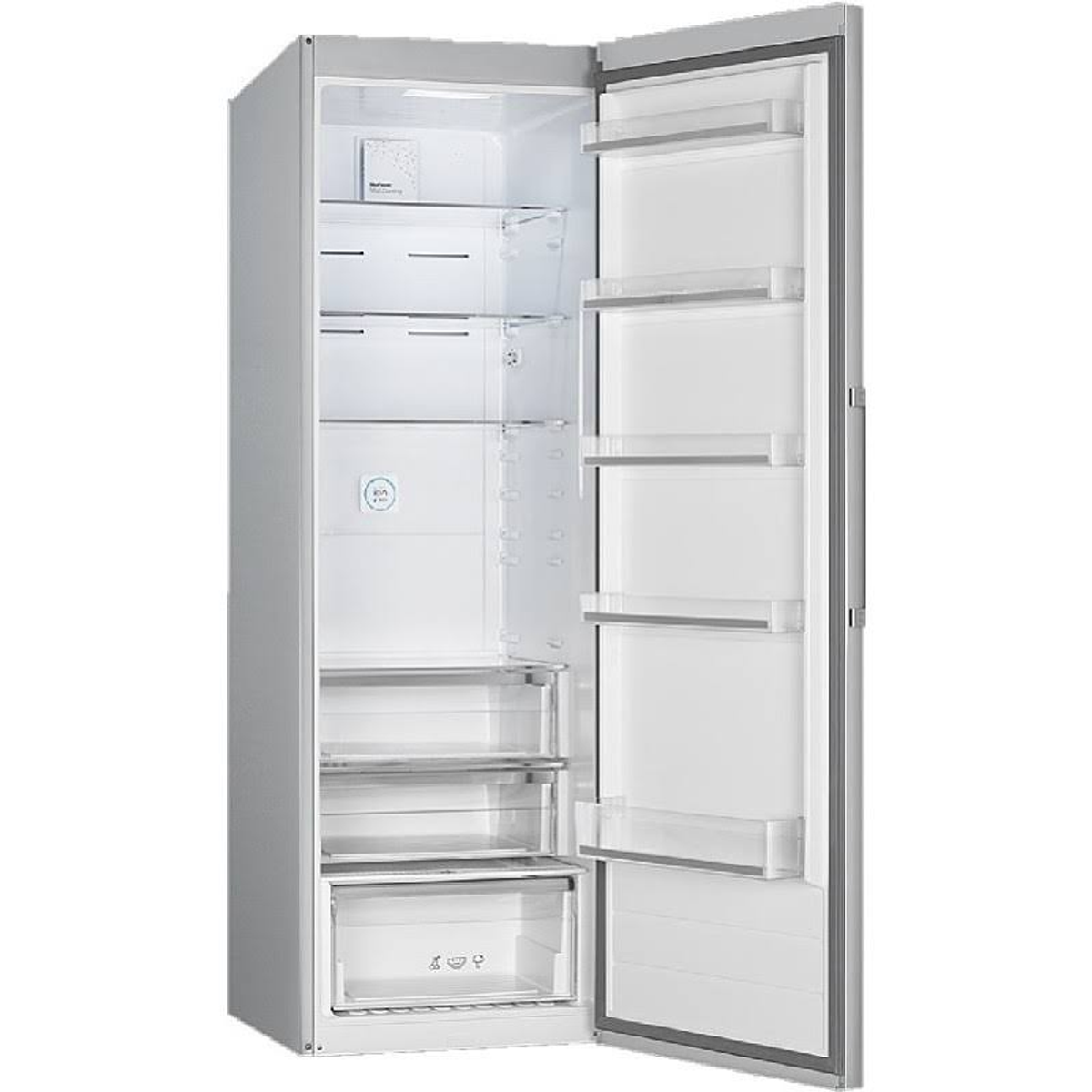 Refrigerador plateado con puerta abierta. Estantes y cajones visibles, con alimentos dentro. Interior blanco.