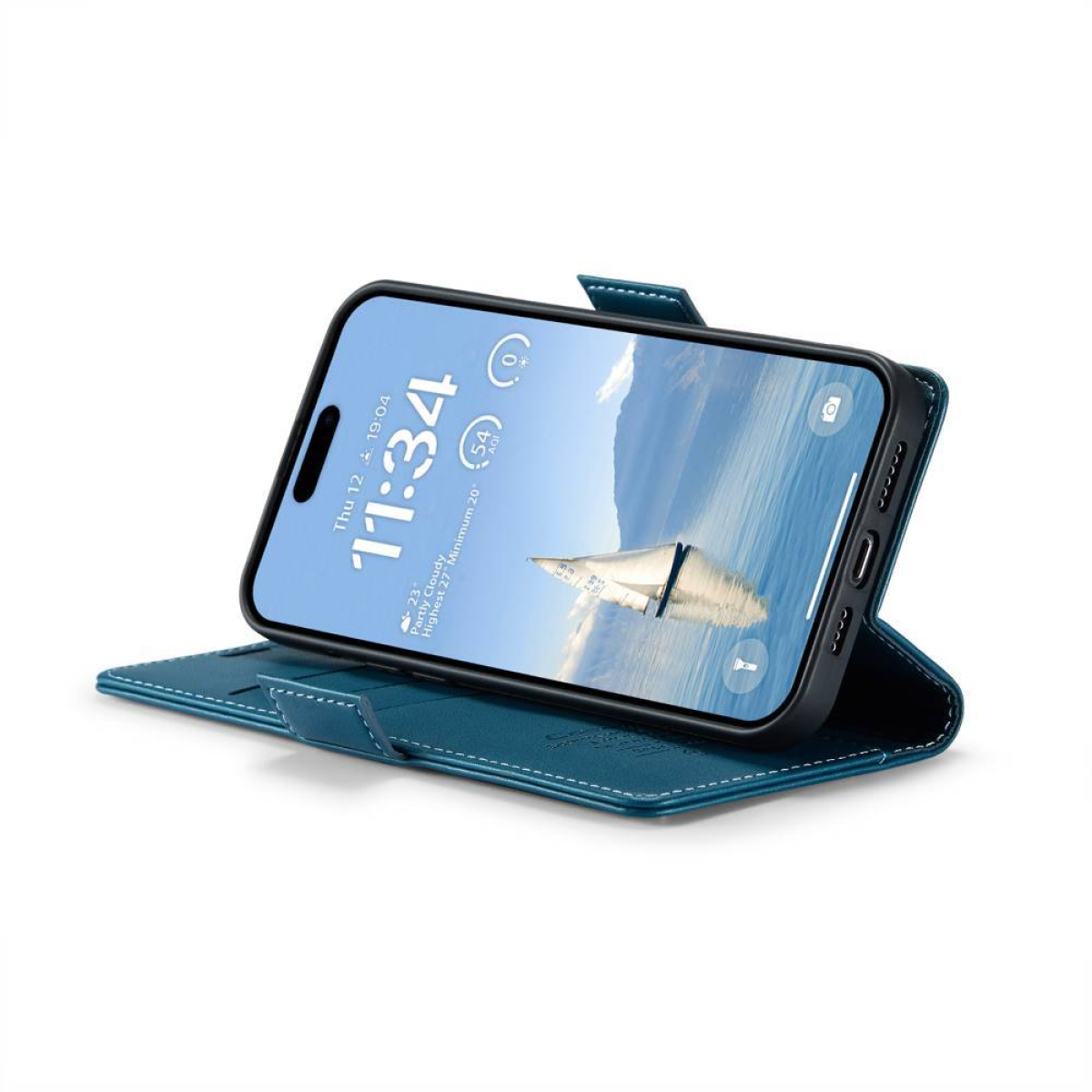 Ein Mobiltelefon in einer blauen Hülle. Der Telefonbildschirm zeigt eine Wasserszene mit einem Boot. Die Uhrzeit ist 11:34.