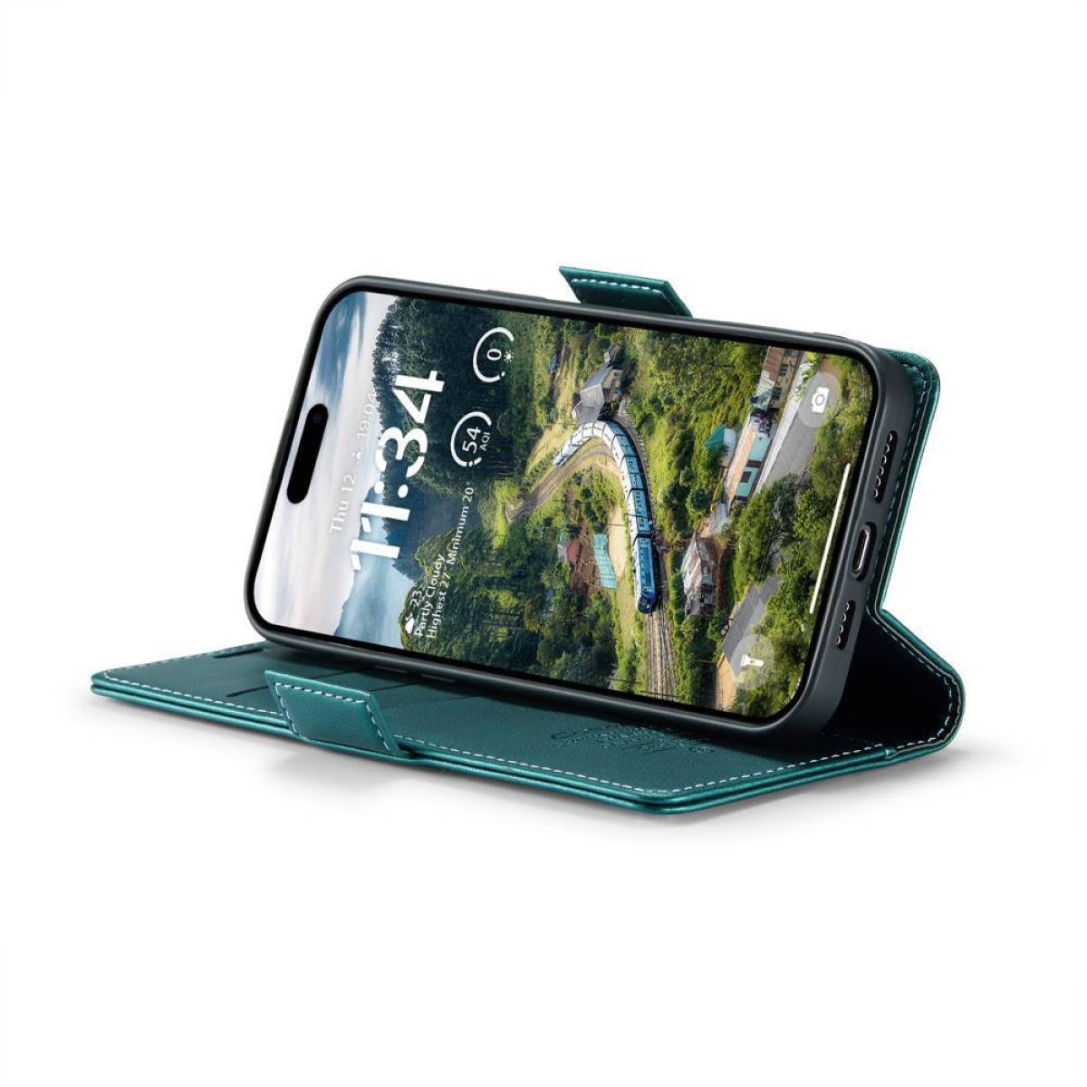 Telefon in einer teal-farbenen Lederhülle, zeigt einen Zug, der durch Berge fährt, auf dem Bildschirm.