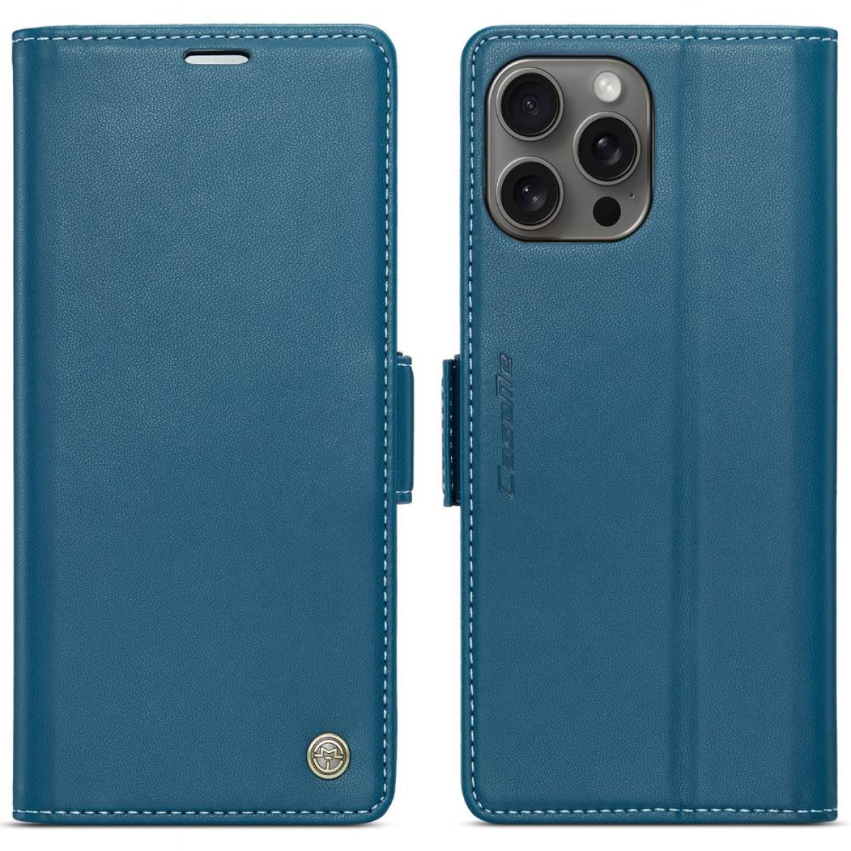 Blaue Leder-Handyhülle mit Magnetverschluss und einem Telefon, offene und geschlossene Ansicht.