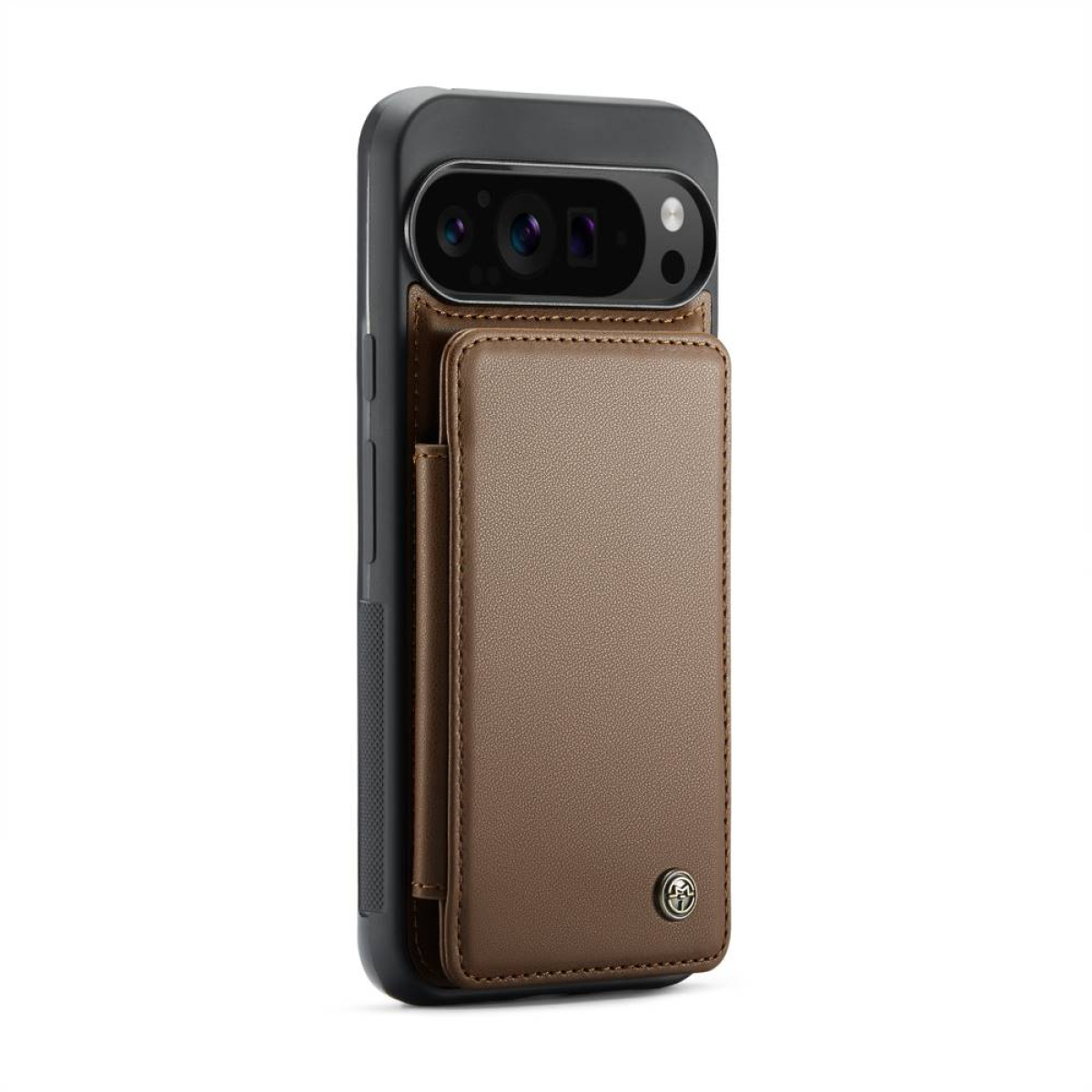Schwarze Handyhülle mit braunem Portemonnaie. Die Handyhülle ist auf einem schwarzen Telefon. Isoliert.