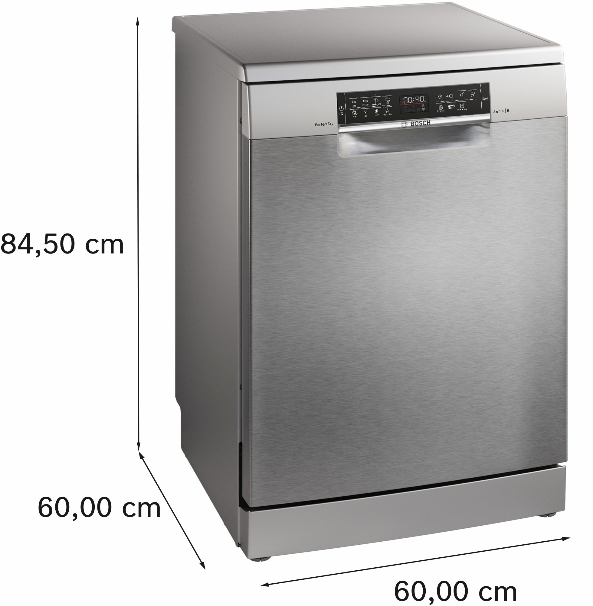 Una lavastoviglie Bosch argentata, con misure: 84,5 cm di altezza, 60 cm di larghezza e profondità.