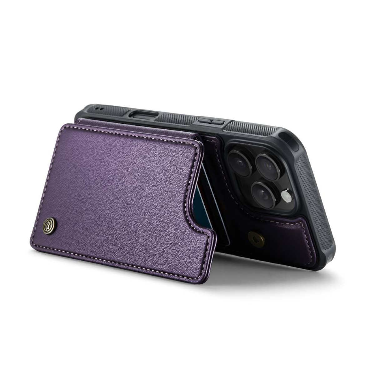 Lila Geldbörsenetui mit einem Telefon befestigt. Telefon hat Kameralinsen auf der Rückseite.