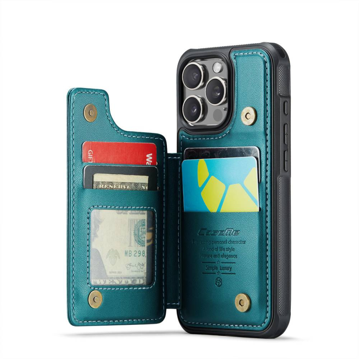 Eine türkisfarbene Handyhülle mit Kartenhalter und Telefon. Geöffnet, mit Karten und Geld sichtbar.