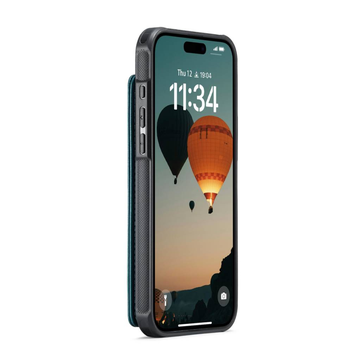 Ein Smartphone in einer schwarzen Hülle, das einen Startbildschirm mit Heißluftballons zeigt. Datum und Uhrzeit sind sichtbar.