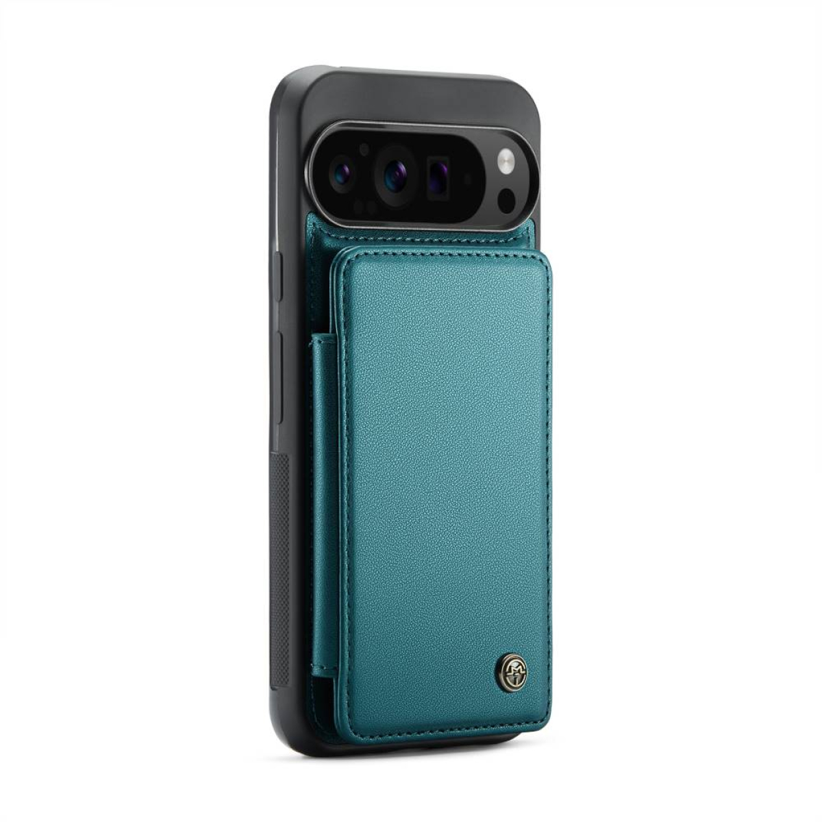 Ein schwarzes Telefon mit einem teal-farbenen Kartenhalter auf der Rückseite. Das Gehäuse hat ein goldenes Logo.
