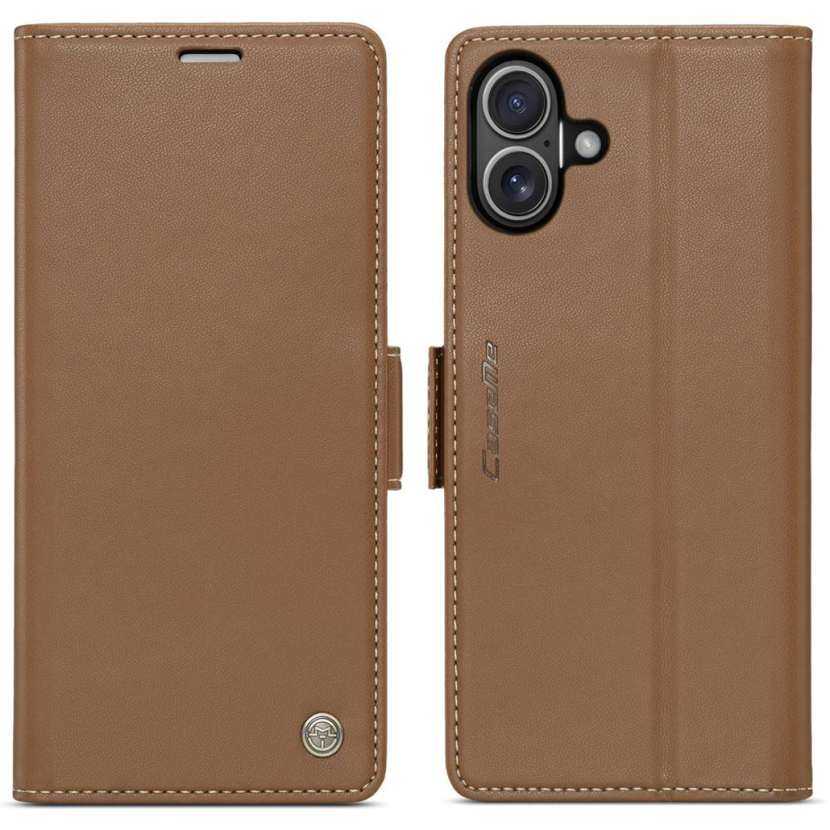 Geöffnete braune Leder-Handyhülle mit Telefon, Kamera und CaseMe-Logo.