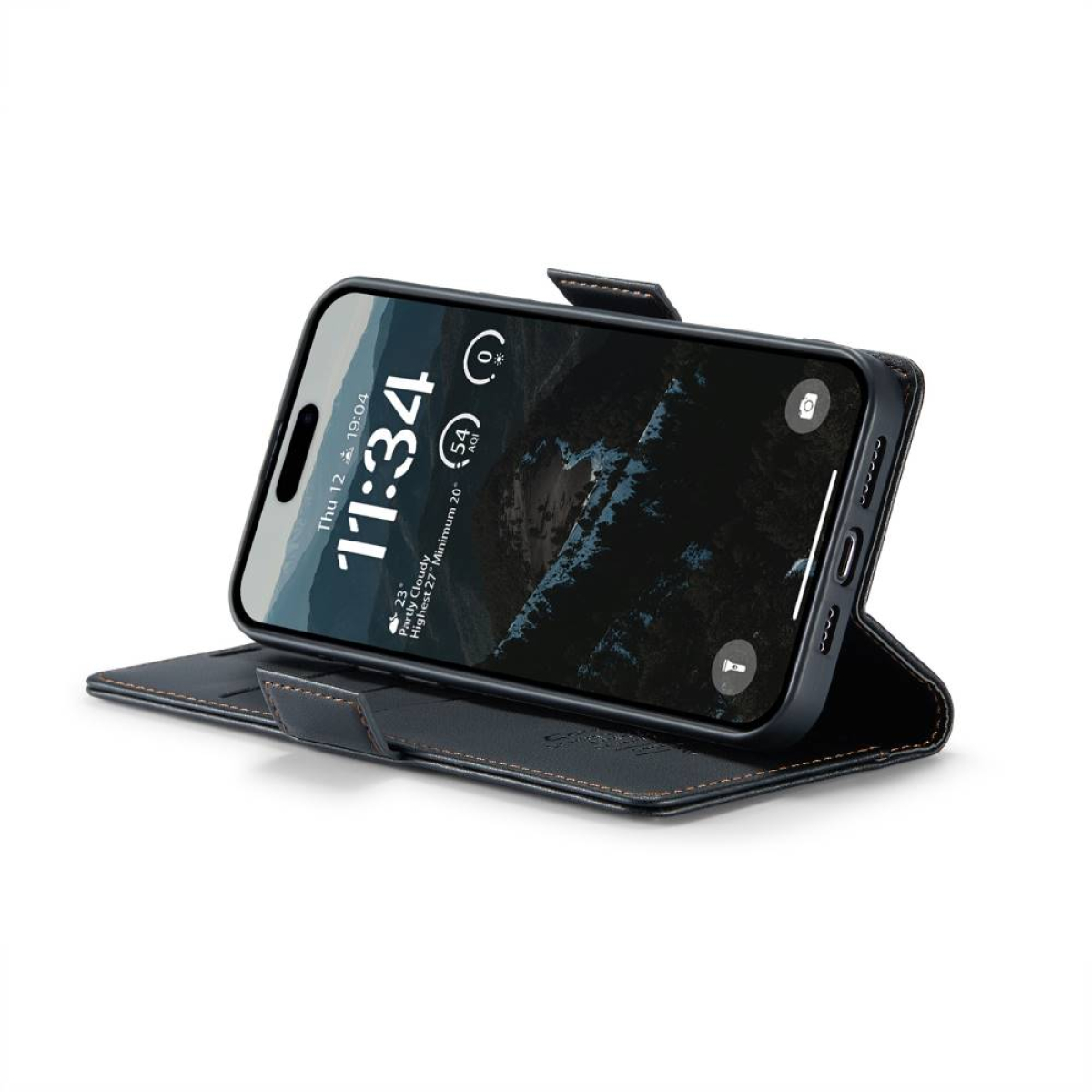 Schwarze Handyhülle mit Telefon, Uhranzeige und Lederaußen.