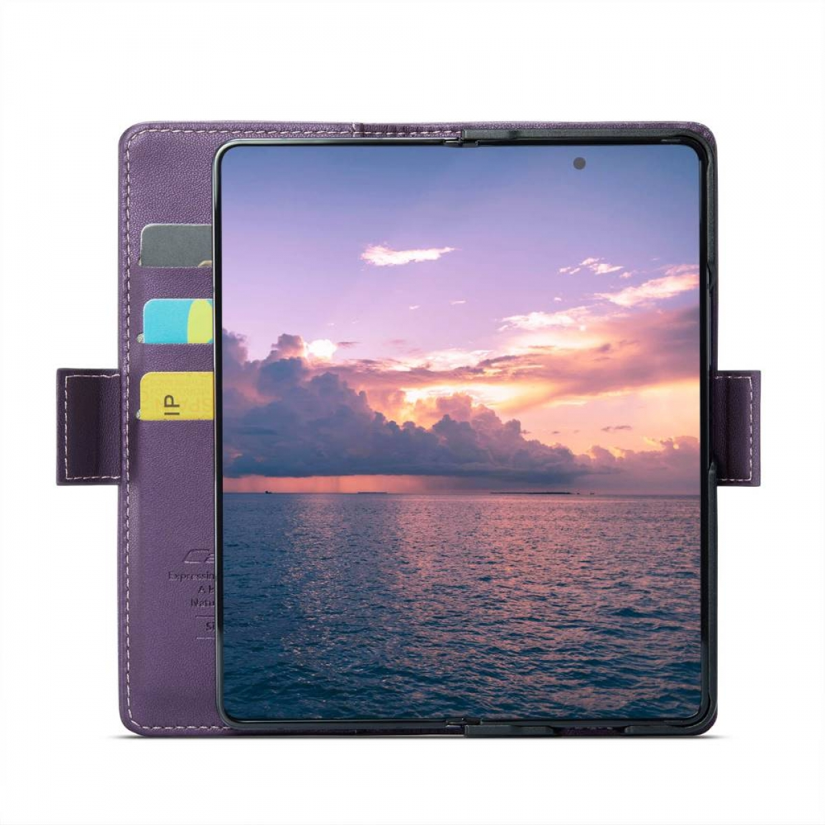 Lila Leder-Tabletfach mit einem Tablet, das einen Sonnenuntergang über dem Wasser zeigt.
