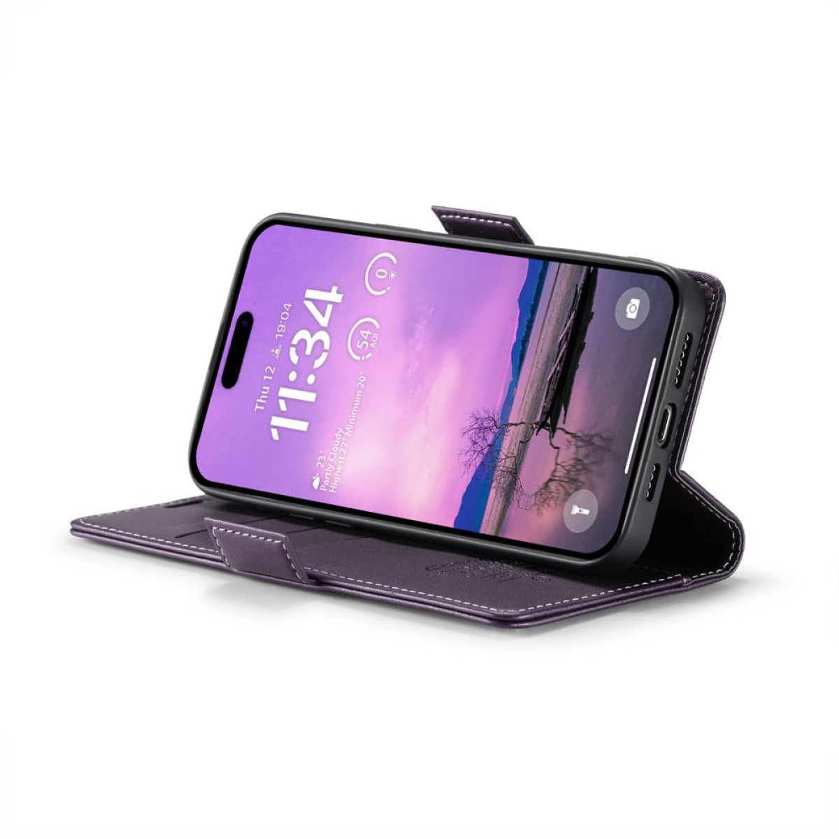 Lila Handyhülle mit einem Telefon, das die Uhrzeit anzeigt. Die Hülle ist offen.