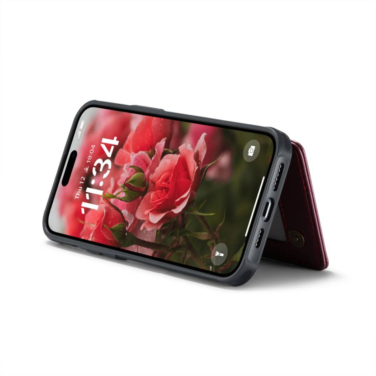 Smartphone mit Blumen auf dem Bildschirm, das Telefon ist in einer schwarzen Hülle.