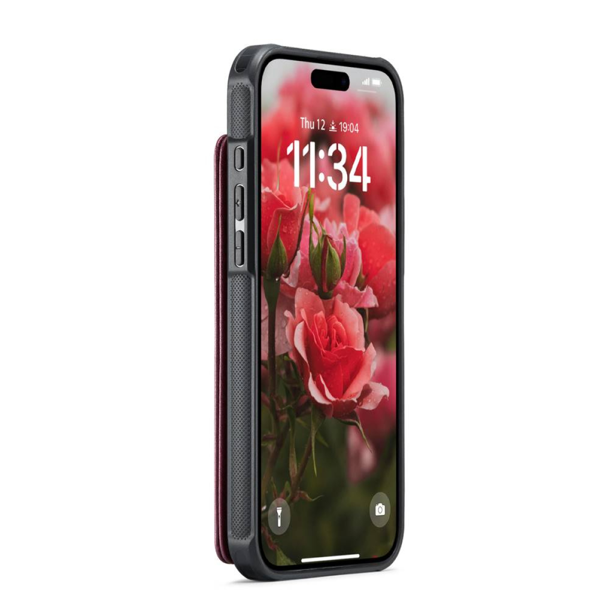 Telefon mit rotem Portemonnaie. Das Telefon zeigt einen Blumengrund und die Uhrzeit an.