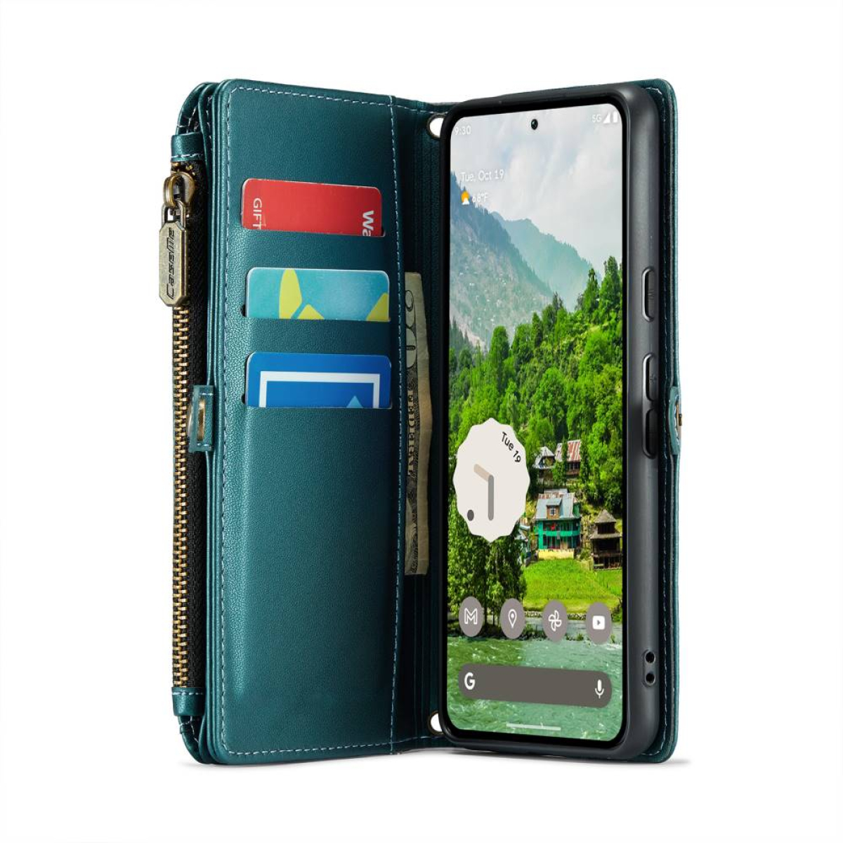 Geöffnete tealfarbene Handy-Geldbörse mit Karten und Telefon. Landschaftsszene auf dem Bildschirm.