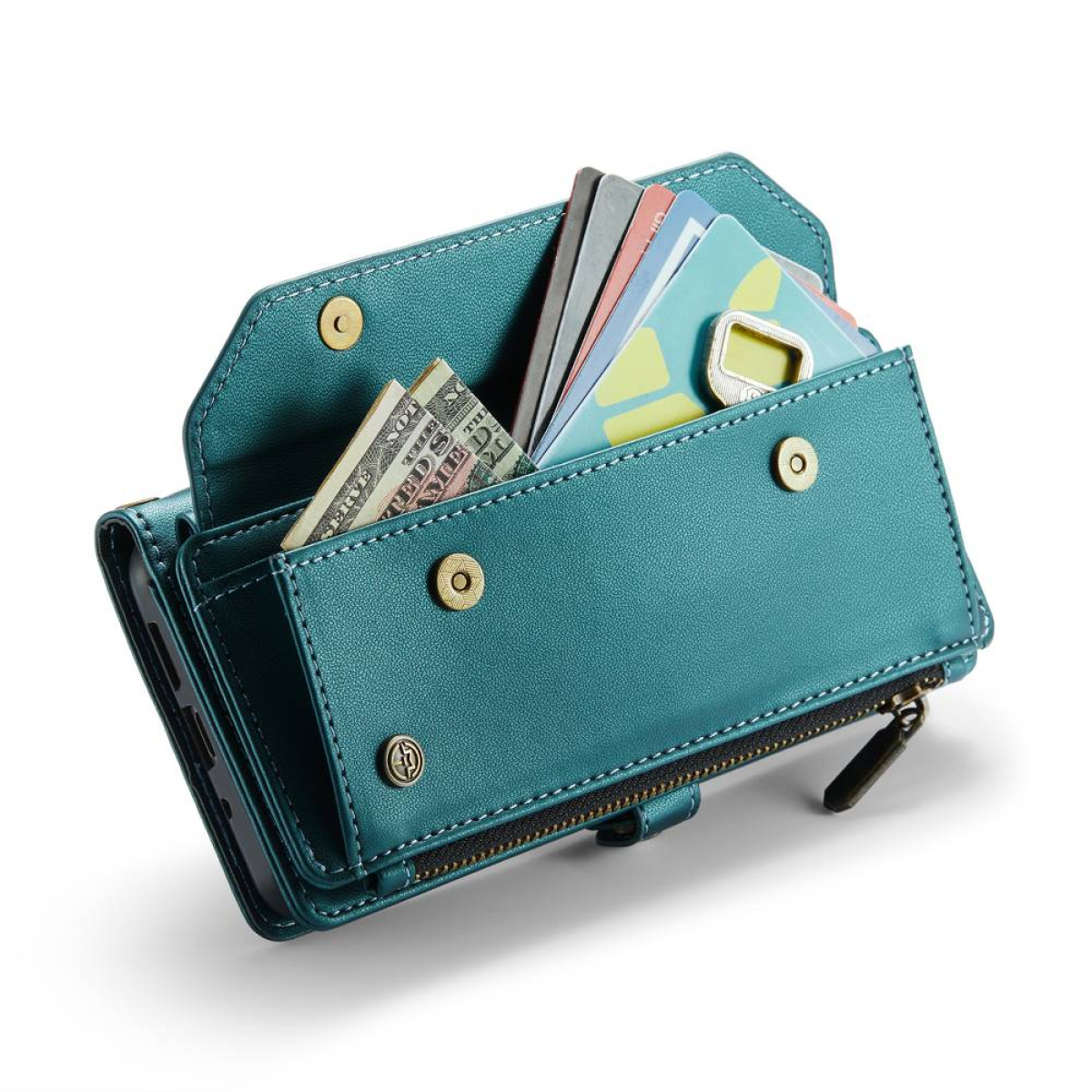 Eine offene blaue Brieftasche mit Bargeld und Karten.