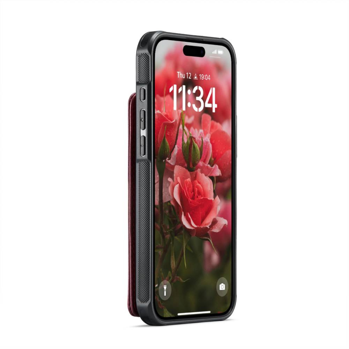iPhone im Case mit Rosen auf dem Bildschirm, zeigt die Uhrzeit 11:34.