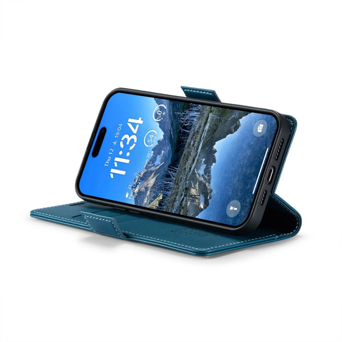 Blaue Handyhülle mit einem Handy, das eine Landschaft anzeigt. Das Handy ist offen.